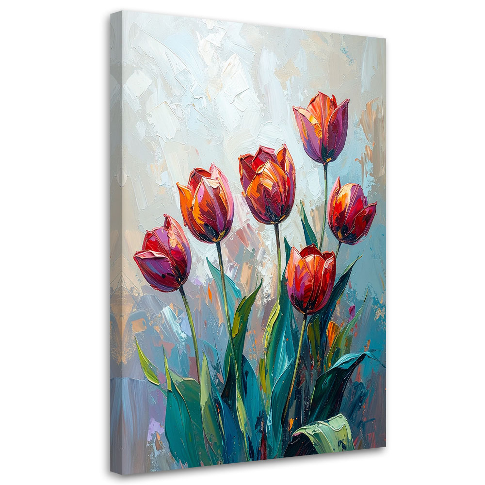 Feeby Obraz nowoczesny, Czerwone Tulipany Kwiaty jak malowany 60x90cm