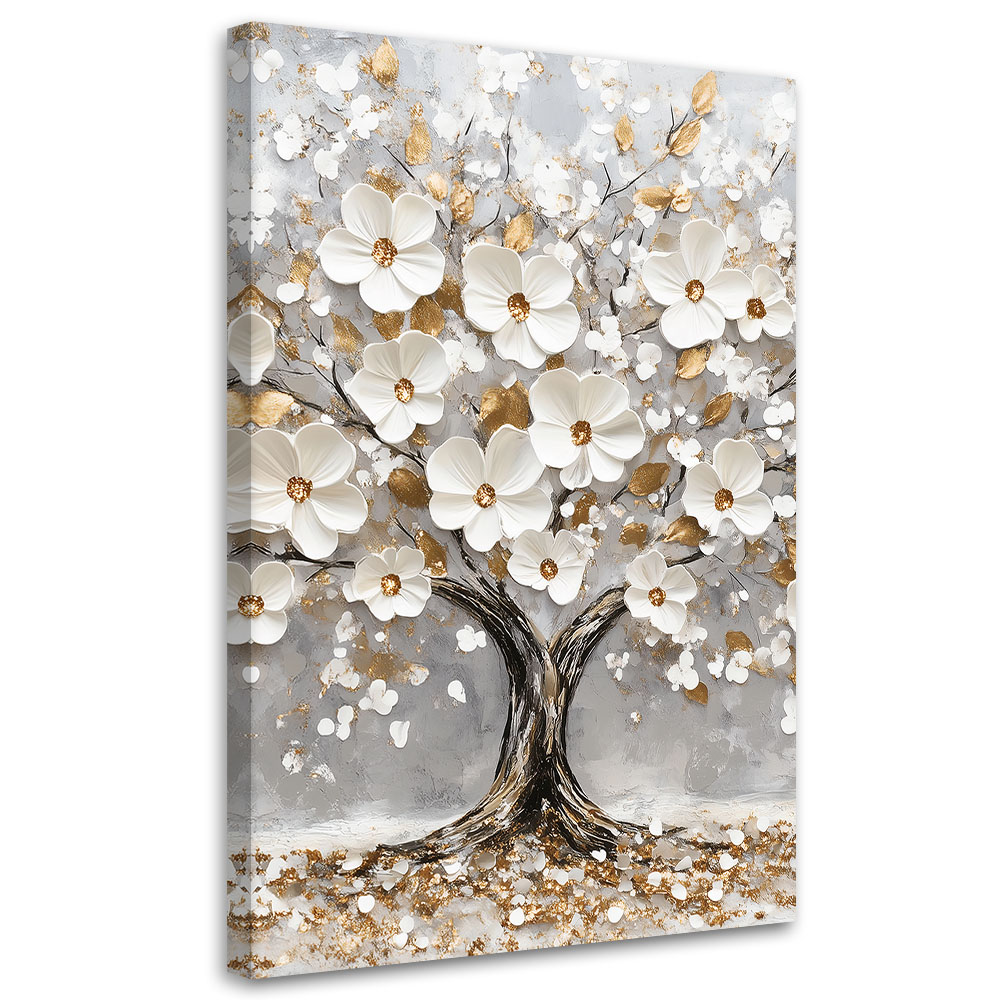 Feeby Obraz na płótnie, Drzewo Białe Kwiaty Liscie Zloty 80x120cm