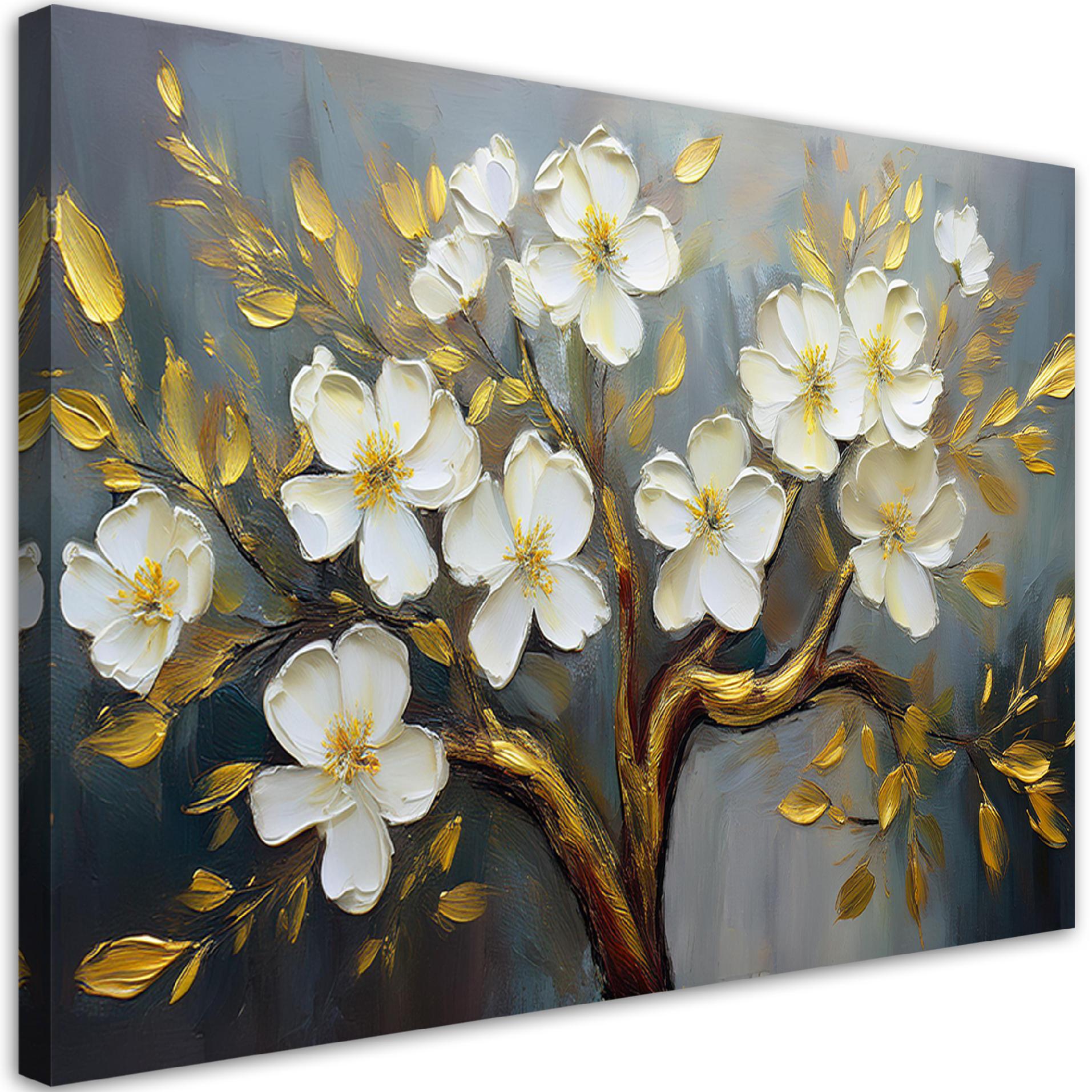 Feeby Obraz na płótnie, Białe Kwiaty Rośliny Drzewo 90x60cm