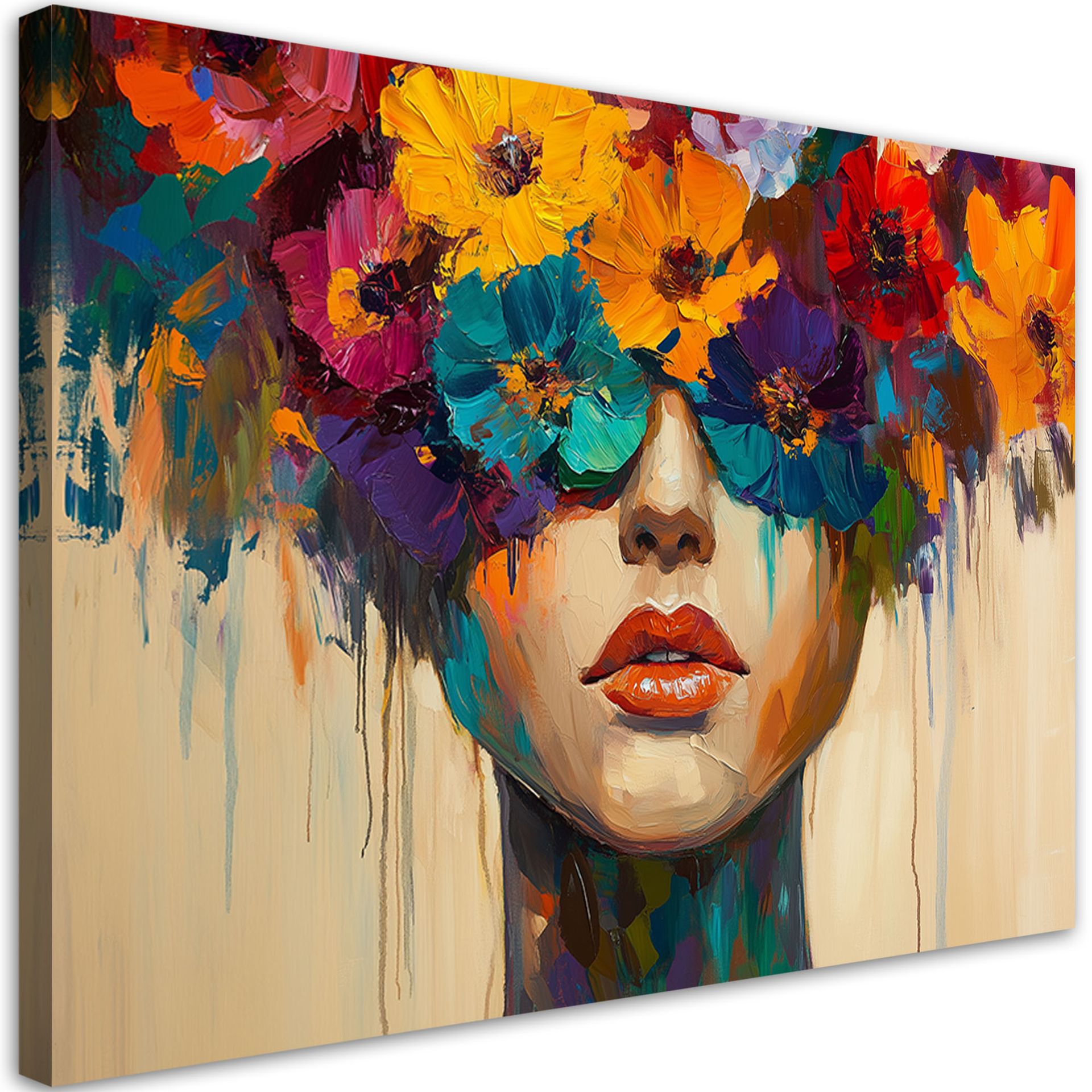 Feeby Obraz na płótnie, Abstrakcja Kobieta kwiatami na głowie 100x70cm