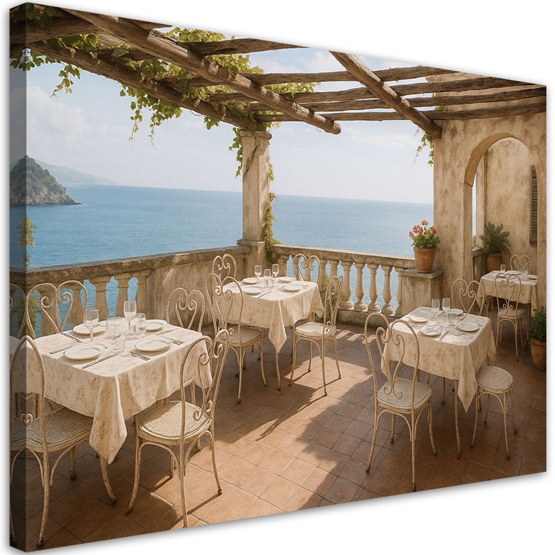 Feeby Obraz do salonu sypialni, Widok z tarasu na morze w stylu Shabby Chic 120x80cm
