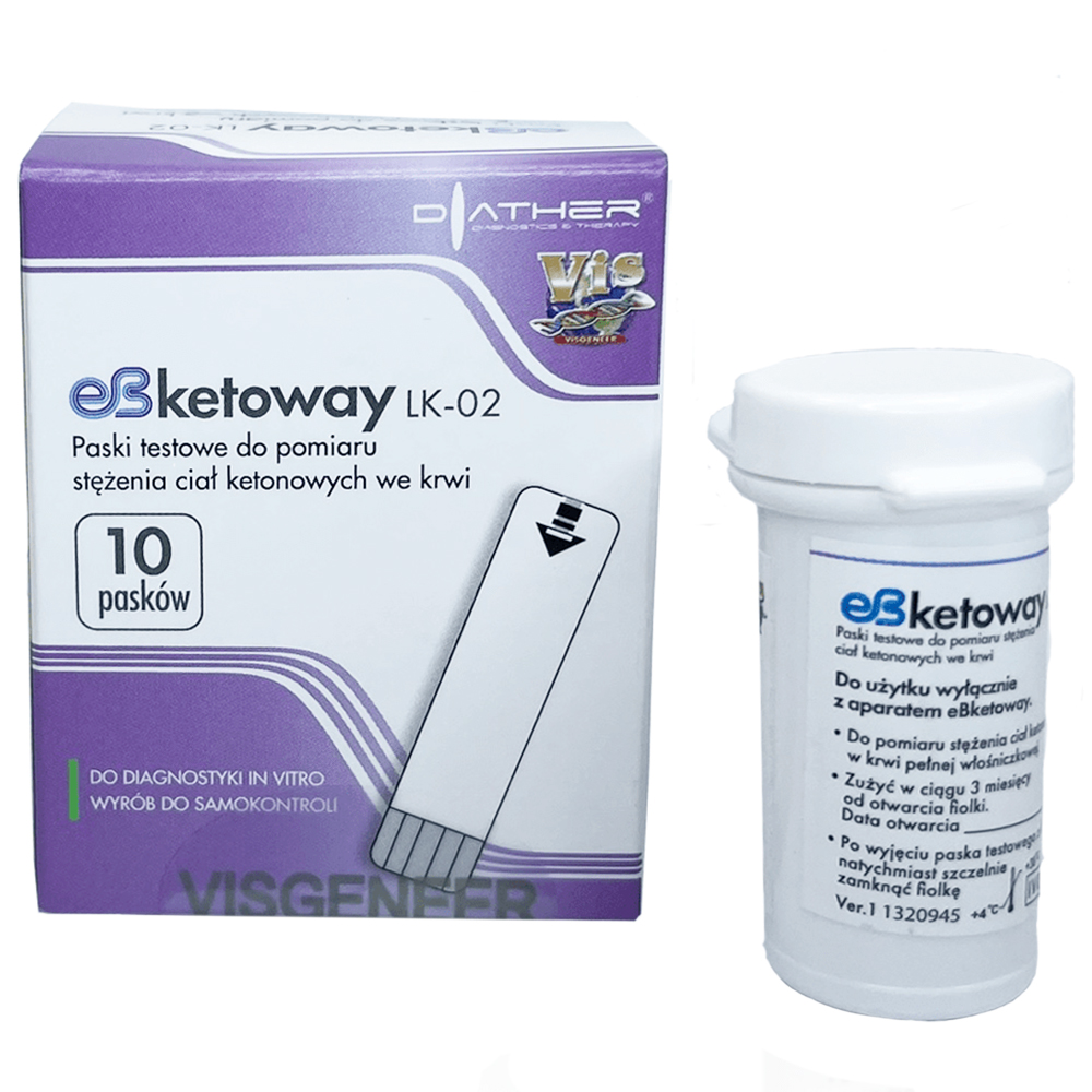 Diather eb-Ketoway, paski testowe do pomiaru stężenia ciał ketonowych we krwi, 10 sztuk