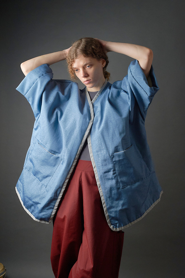 Płaszczyk kimonowy patchwork niebieski oversize