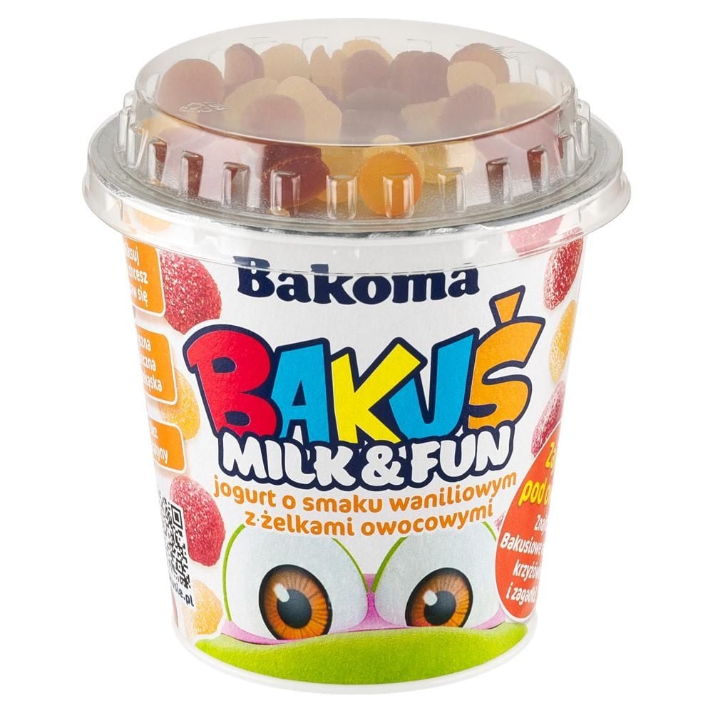 Bakoma Bakuś Milk & Fun Jogurt o smaku waniliowym z żelkami owocowymi 135 g