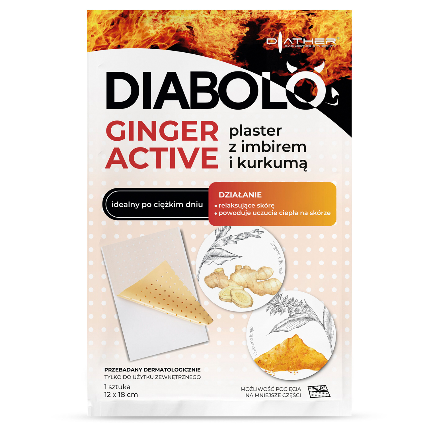 Diather Diabolo Ginger Active, plaster rozgrzewający z imbirem i kurkumą, 12 x 18 cm, 1 sztuka
