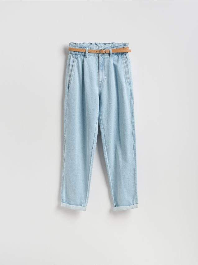 Reserved - Jeansy paperbag z dłuższą nogawką - niebieski