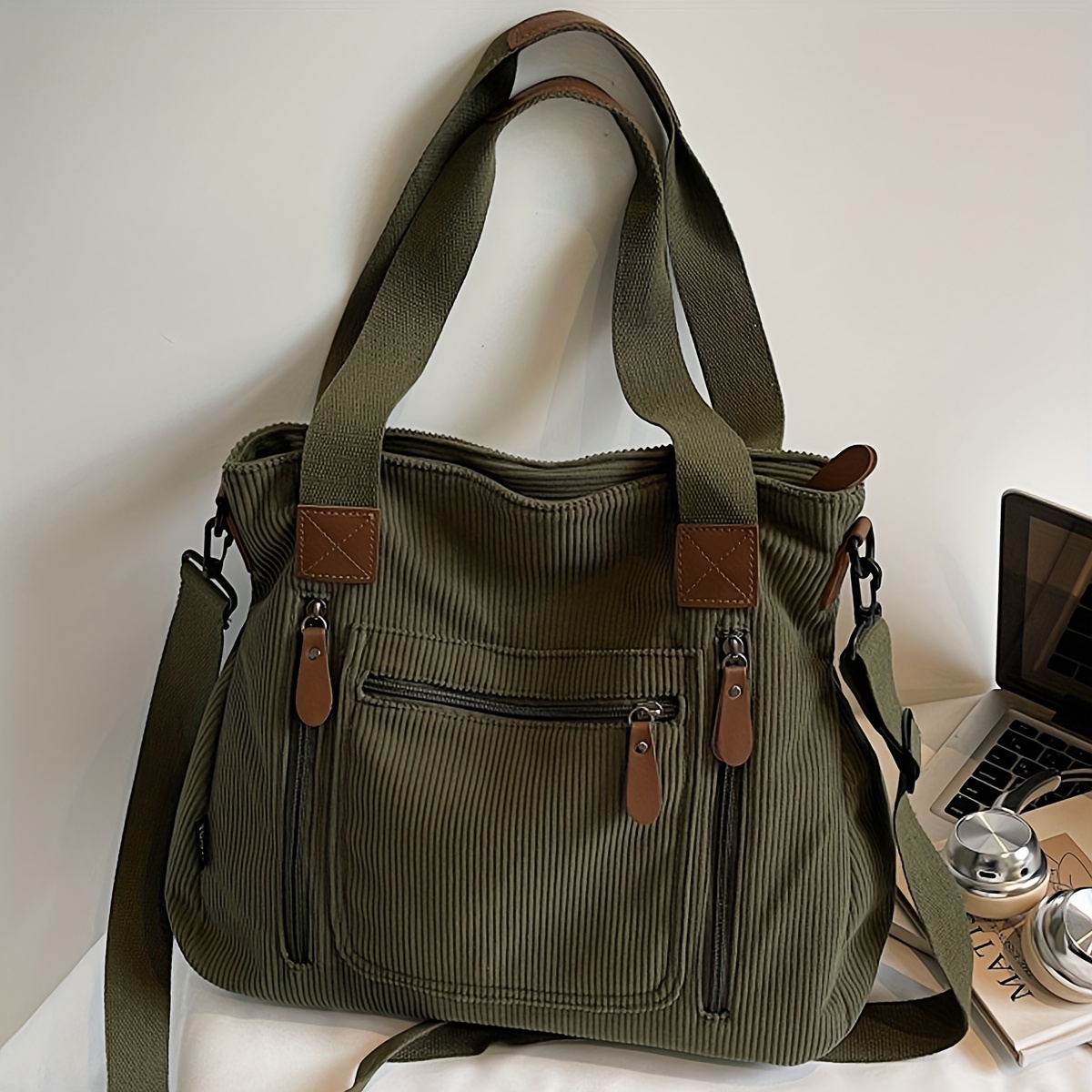 TEMU Damska sztruksowa torba na ramię z odpinanym paskiem - Wielokieszeniowa torebka, lekka casualowa torba do szkoły, podróży - Sztruksowy plecak