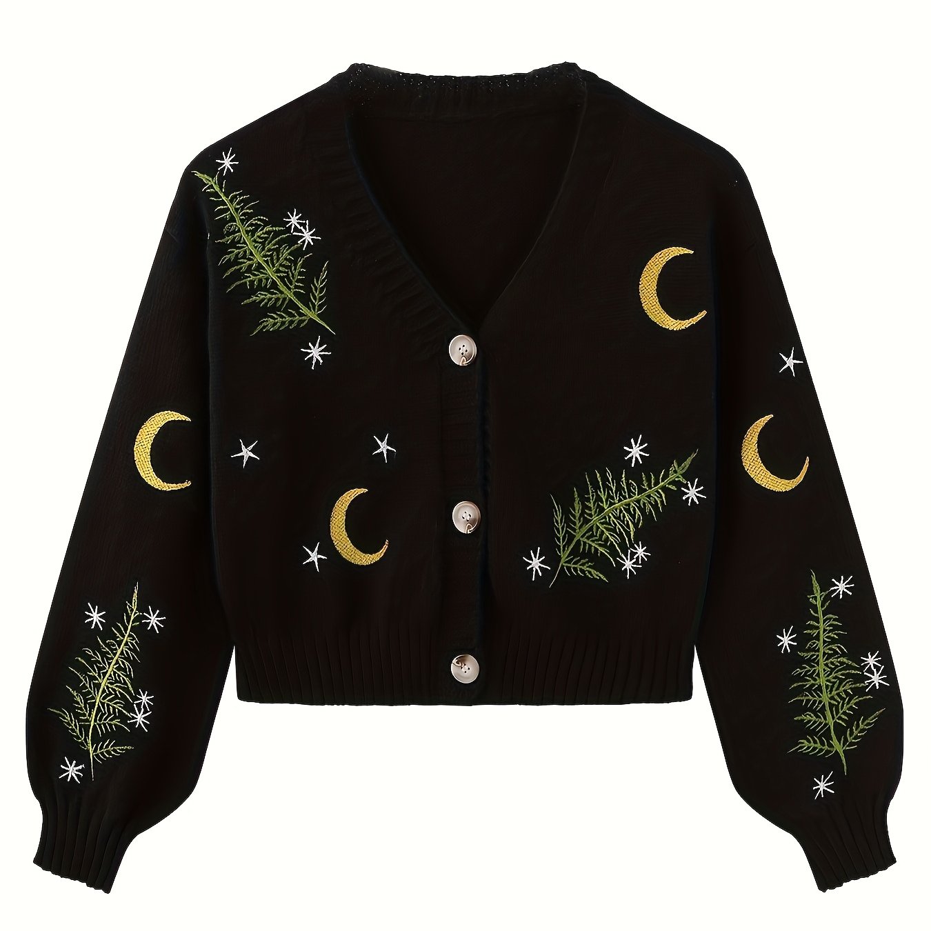 TEMU Kardigan haftowany Słońce i Księżyc Dekolt w serek, Długie rękawy typu lantern, Luźny krój, Kolekcja Jesień/