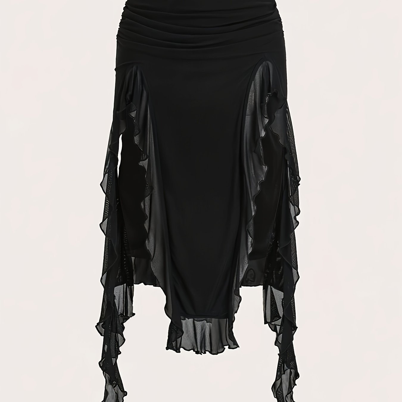 TEMU Elegancka sukienka damska asymetryczna z falbaną - Rozkloszowany dół z warstwowymi falbanami, nieprześwitujący materiał na imprezy, do biura, na