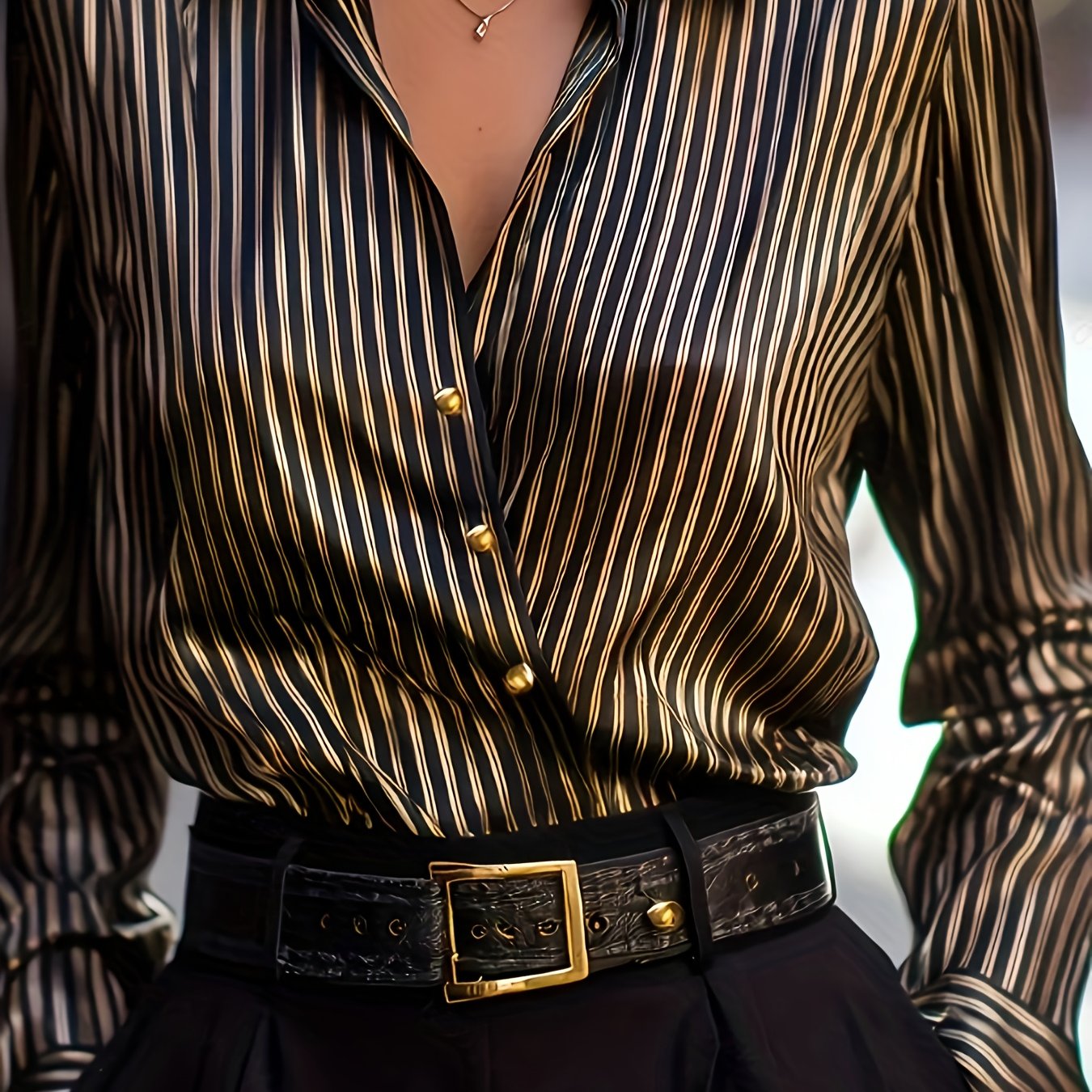 TEMU Elegancka bluzka damska - koszula z długim rękawem zapinana na guziki, z pionowymi paskami, całoroczna bluzka do biura i na imprezy dla kobiet,