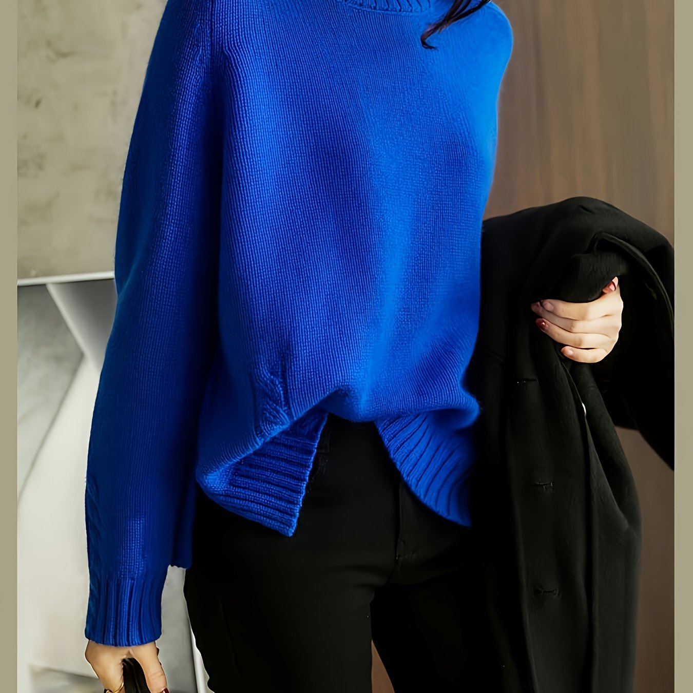 TEMU Elegancki sweter damski z wysokim dekoltem - Miękki top z długim rękawem, szykowny sweter na każdą porę roku do noszenia na co dzień i na