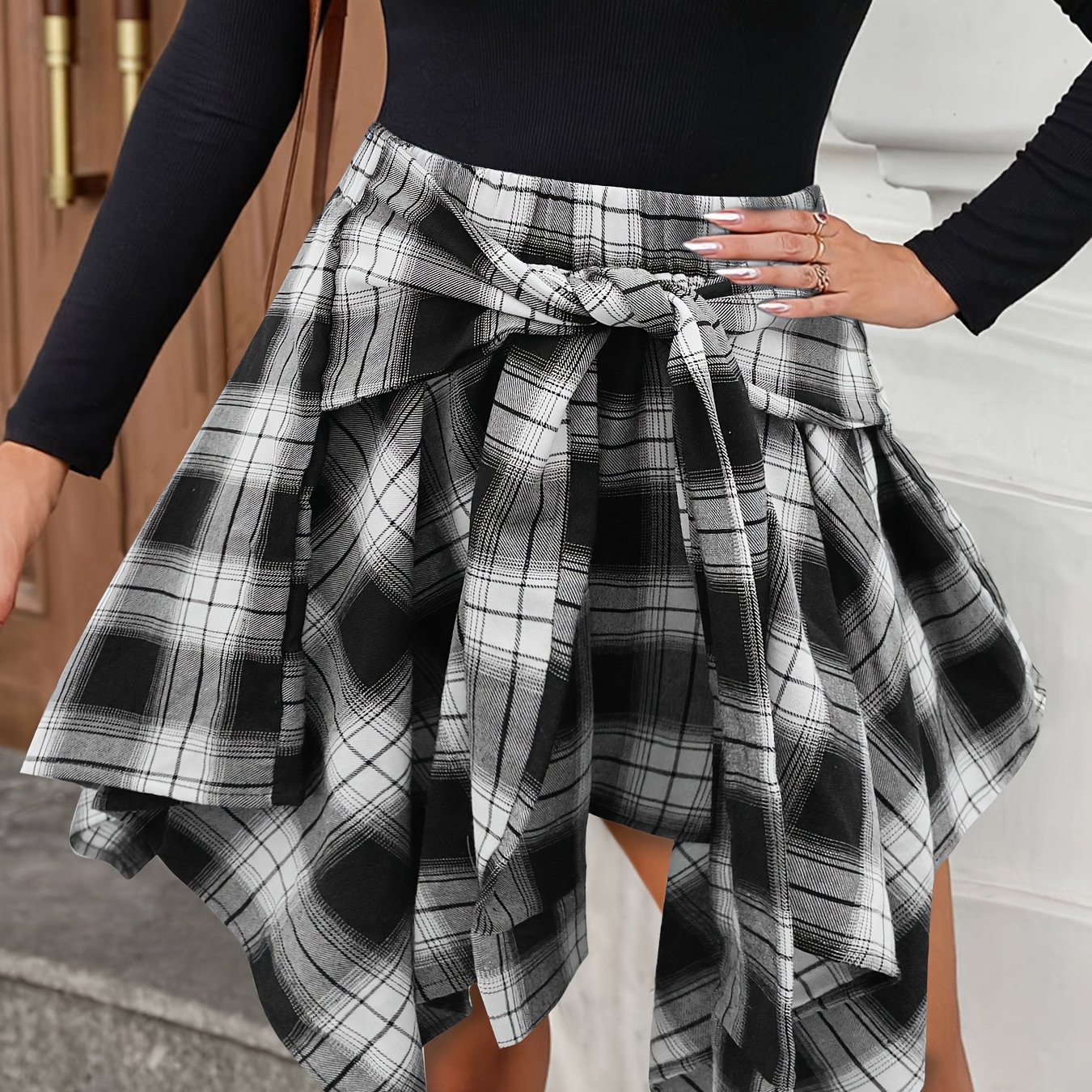 TEMU Spódnica w kratę w stylu Y2K, streetwear, ze sznurkiem w pasie Sznurowane detale, krótka spódnica damska, idealna na wiosnę//jesień