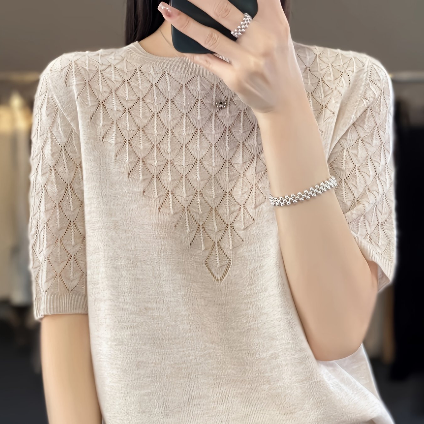 TEMU Elegancka Dzianinowa Koszulka Dla Kobiet Wykonanie Z Otworami Wszechstronny Top Z Krótkim Rękawem Miękki Mieszanka Poliestru I Elastanu