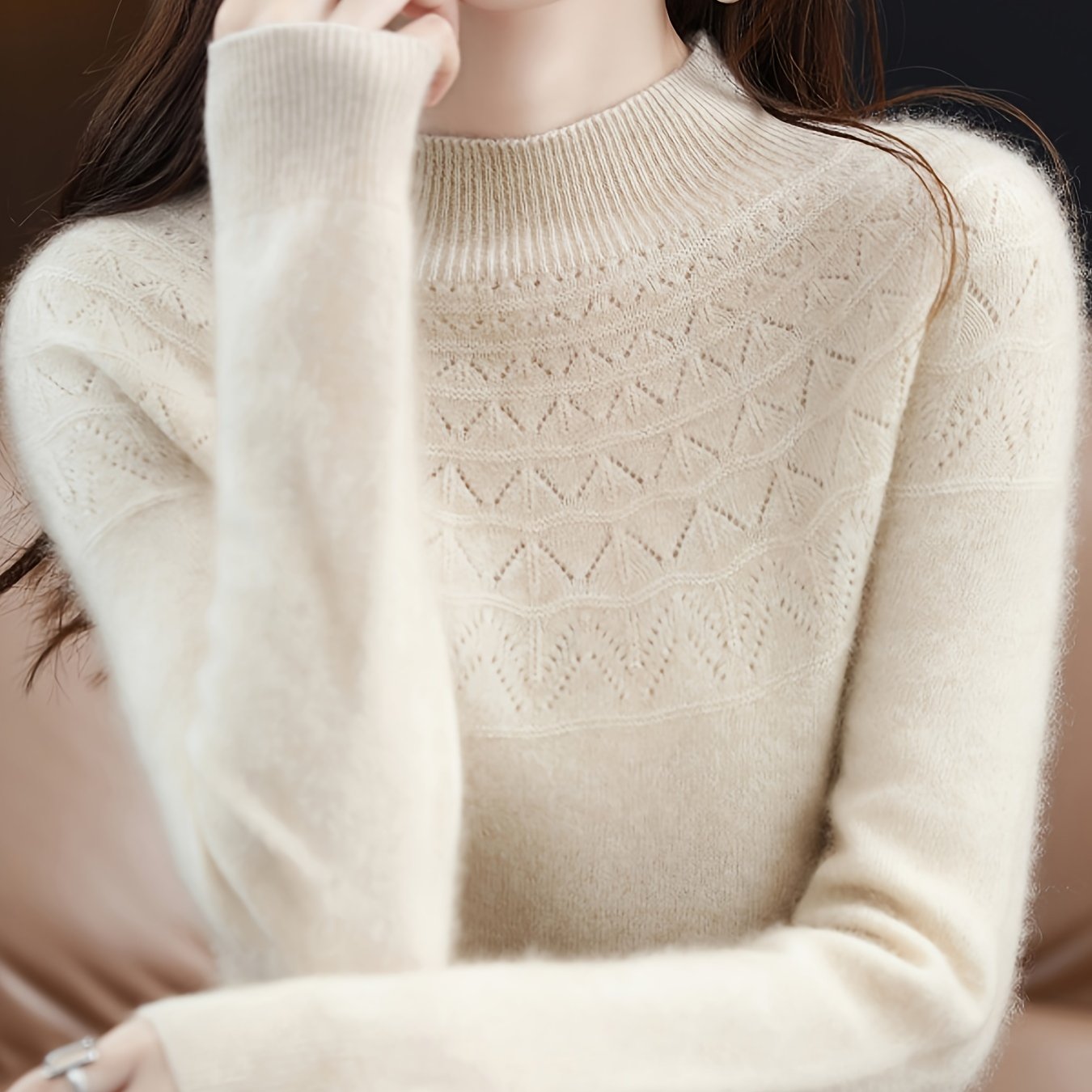 TEMU Damski Elegancki Sweter z Długim Rękawem i Okrągłym Dekoltem - Przytulny Jesienno-Zimowy Pulower z Detalem Oczkowym, Beżowy, Wszechstronny