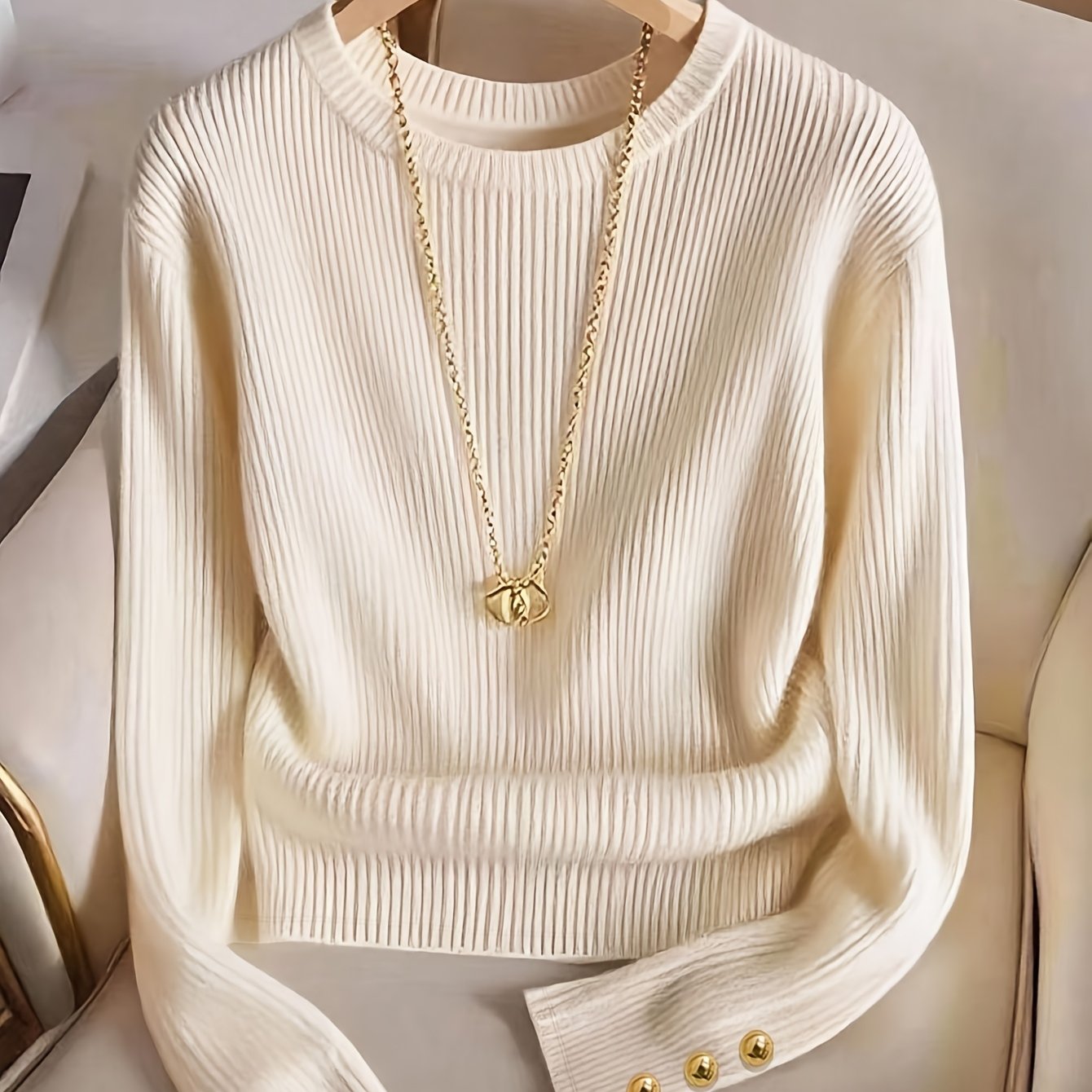 TEMU Elegancka koszulka z krótkim rękawem Jednolity , długi rękaw, kolekcja jesień/ z detalem imitującym guziki