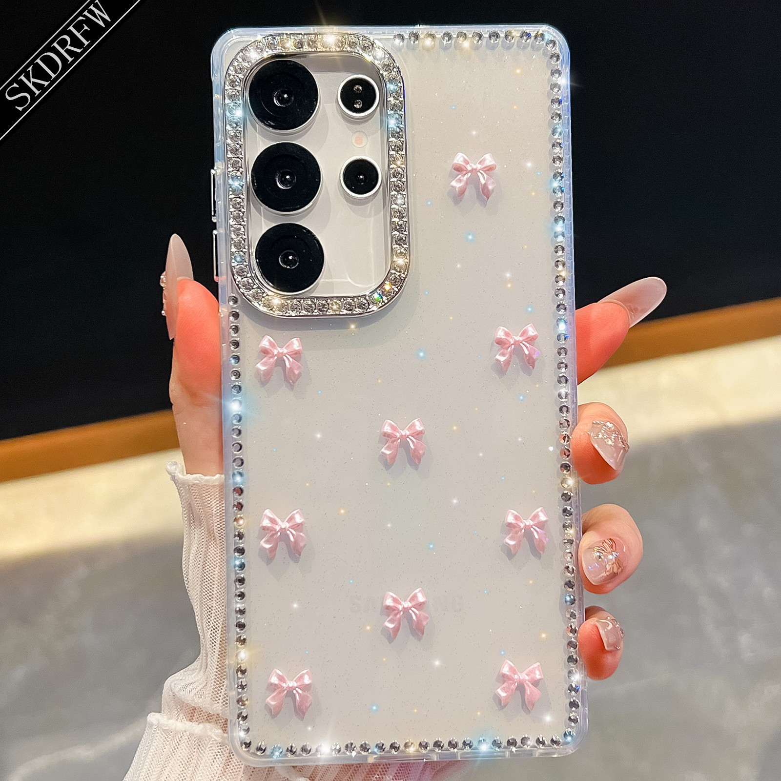TEMU Etui na telefon: , wysokiej klasy, błyszcząca ramka inkrustowana cyrkoniami z prostą kokardą i wzorem gwiazdy dla for Samsung Galaxy A54, A55,