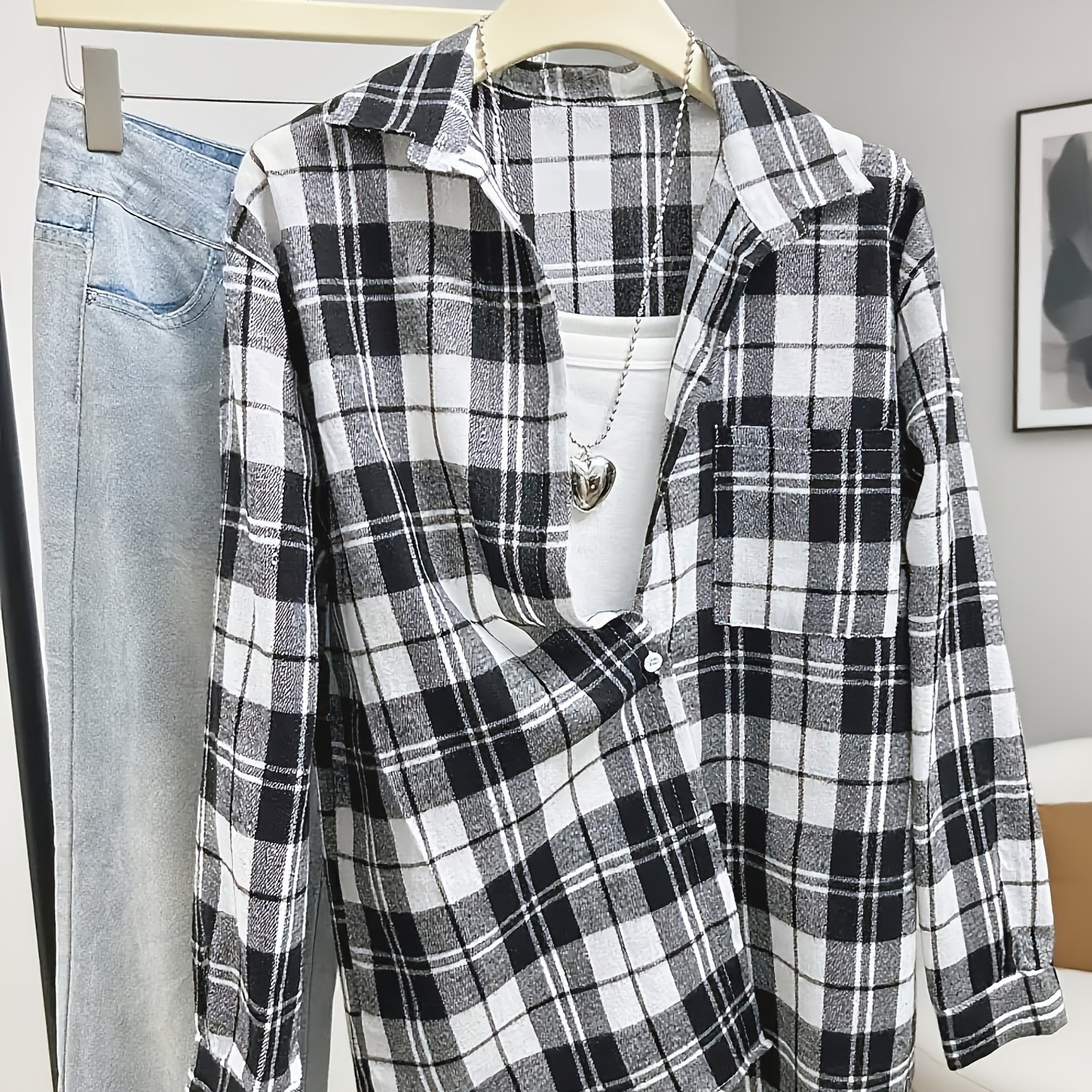 TEMU Damska kurtka w stylu koreańskim w kratę - luźny krój, zapinana na guziki, z klapami, długi rękaw, idealna na jesień/zimę, do noszenia na co