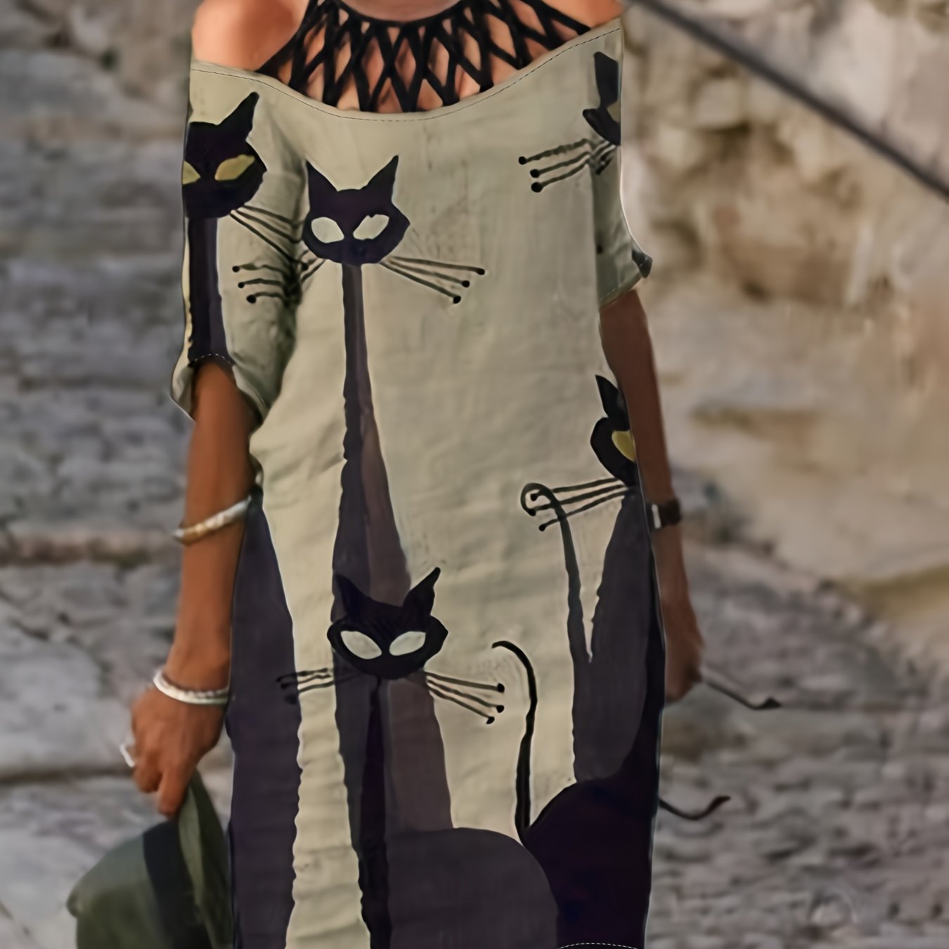 TEMU Sukienka Boho z Nadrukiem Kota dla Pań - Bezramiączkowa, Asymetryjna Zaplatana Suknia w Stylu A-Line o Lekkim i Oddychającym Fasonie – Pasek W