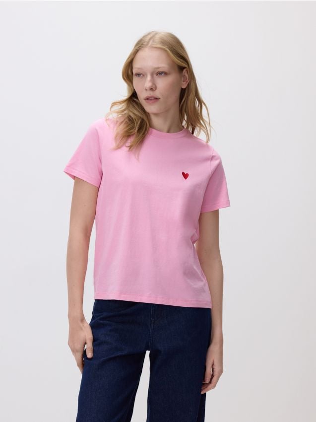 Reserved - T-shirt z sercem - pastelowy róż