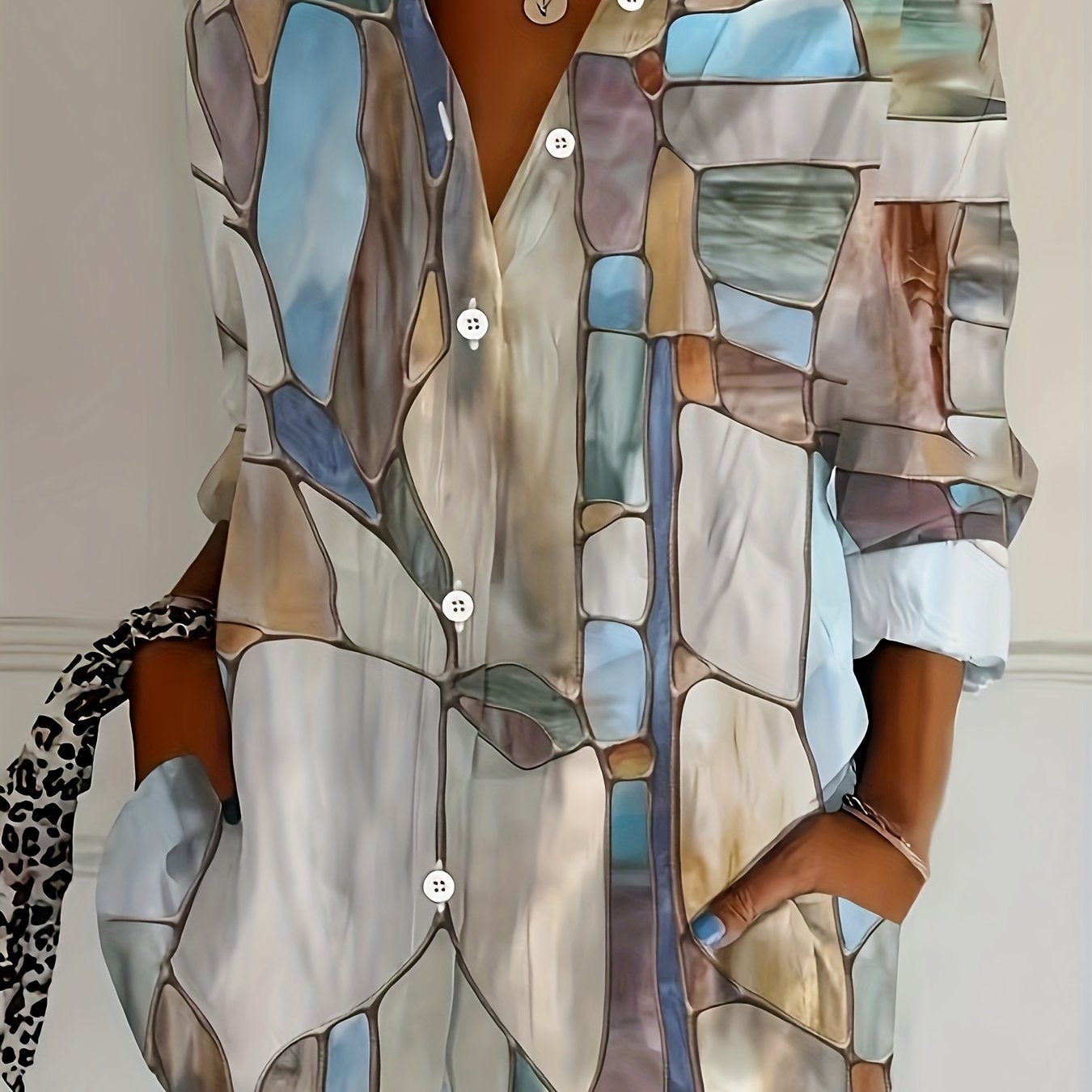 TEMU Damska bluzka w stylu vintage z marmurkowym nadrukiem i długim rękawem - elegancka koszula zapinana na guziki z kołnierzykiem z klapami,