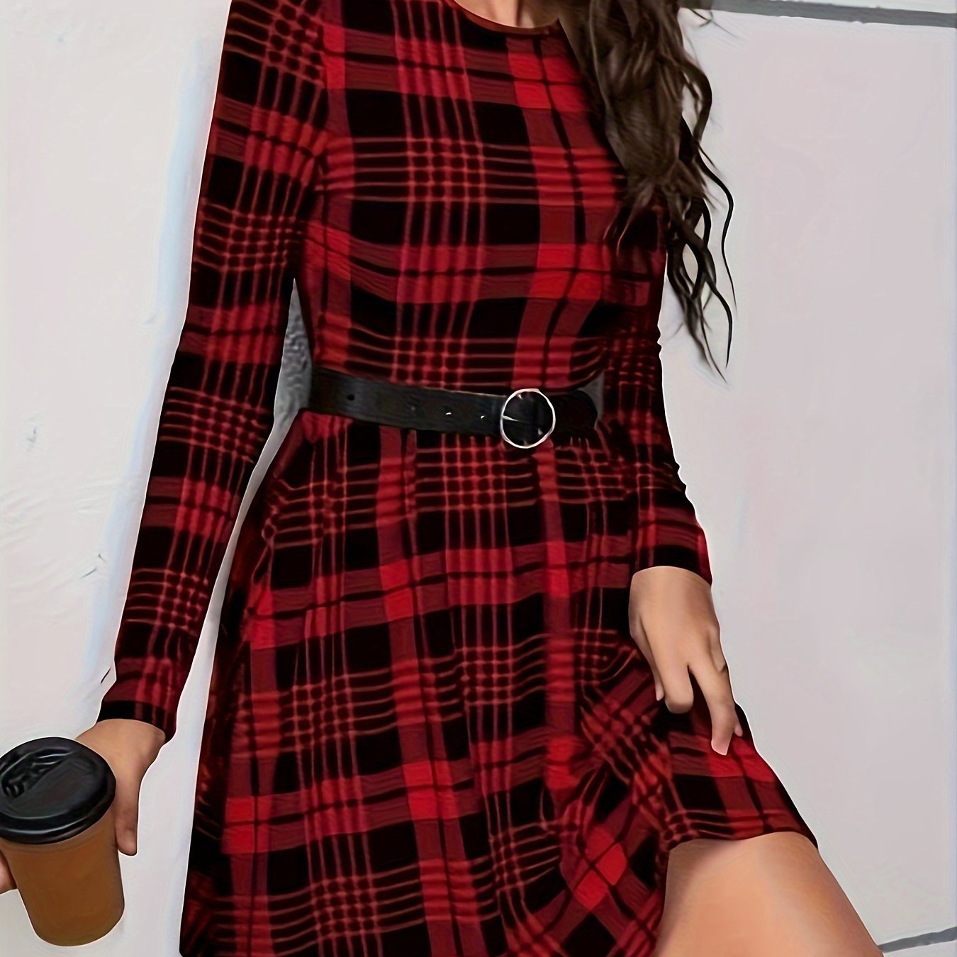 TEMU Modna sukienka w kratę na Boże Narodzenie dla kobiet, casualowa i elegancka na jesień i zimę, z okrągłym dekoltem, dopasowaną talią i długimi
