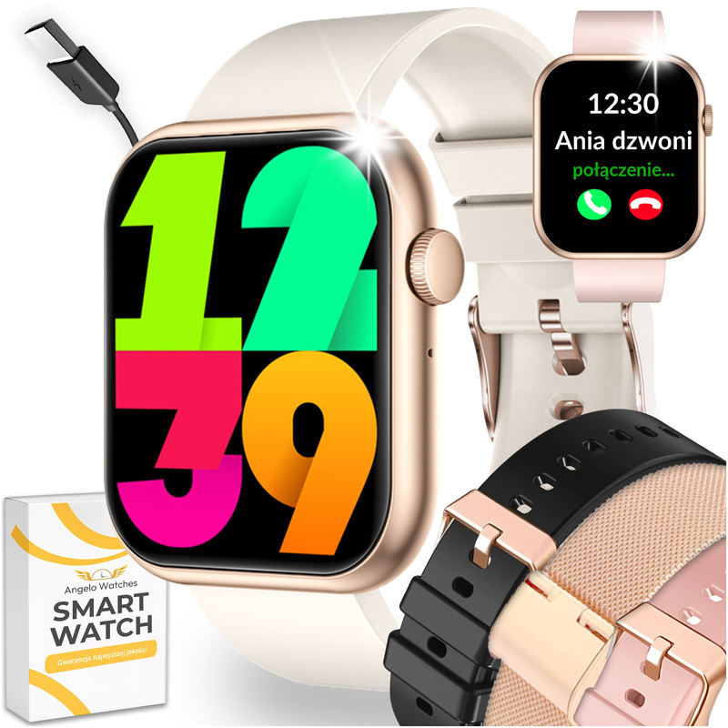 TEMU LUKSUSOWY SMARTWATCH DAMSKI 2025 ZŁOTY RÓŻ BRANSOLETA i 3 DODATKOWE PASKI SILIKONOWE ZEGARK AX7 PRO ROZMOWY BLUETOOTH MENU PL POWIADOMIENIA SMS