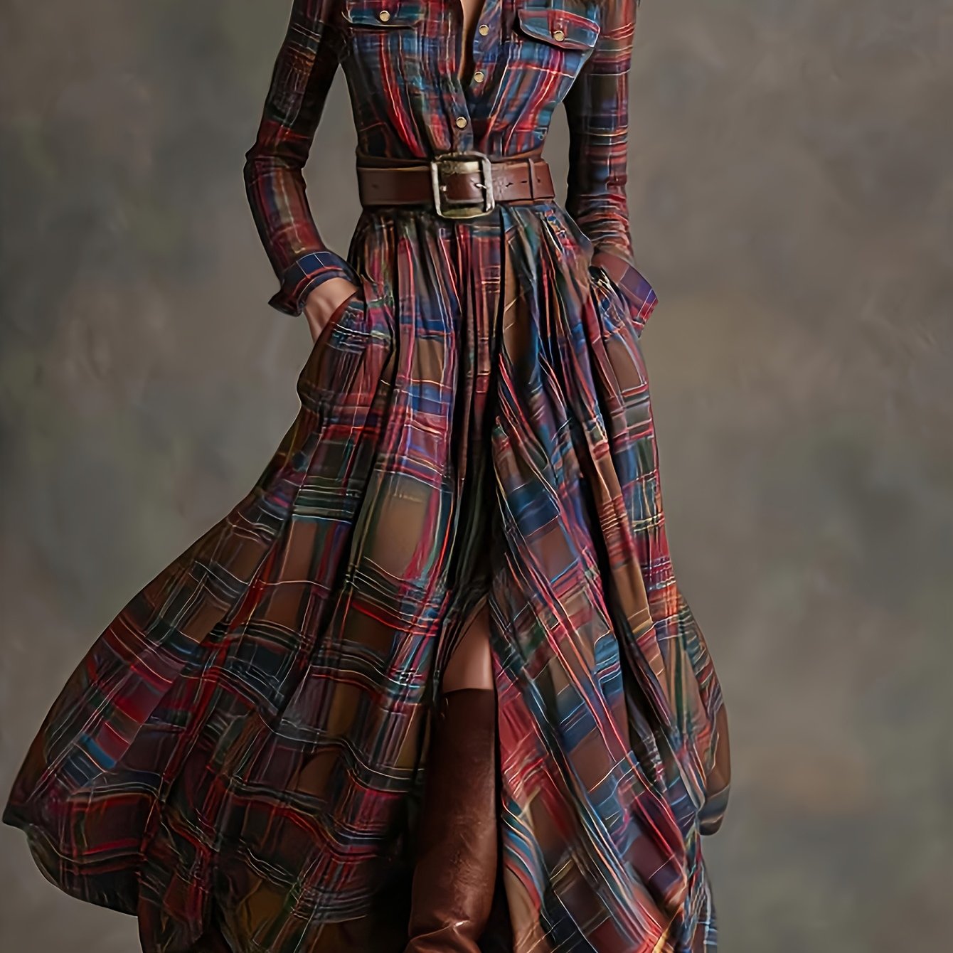 TEMU Damska długa sukienka w kratę w stylu vintage na jesień i zimę z dużą spódnicą Modna sukienka-koszula zapinana na guziki z dopasowanym