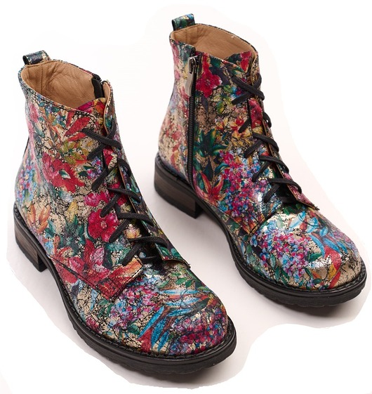 Botki skórzane - suwak + sznurówki - kwiaty (6380)