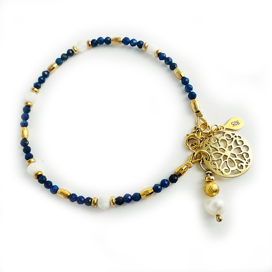 Bransoletka z lapis lazuli , granatowa bransoleta z perłą i rozetą