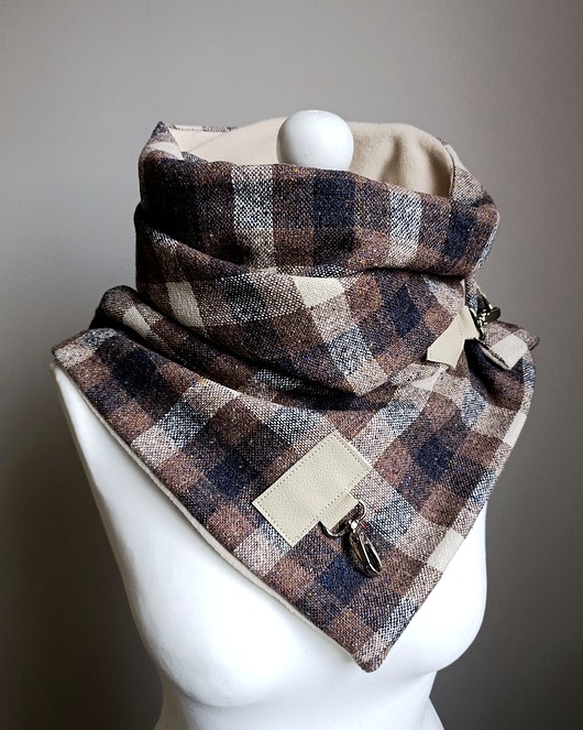 Szal, Komin, chusta - Krata - beżowy, brązowy i czarny