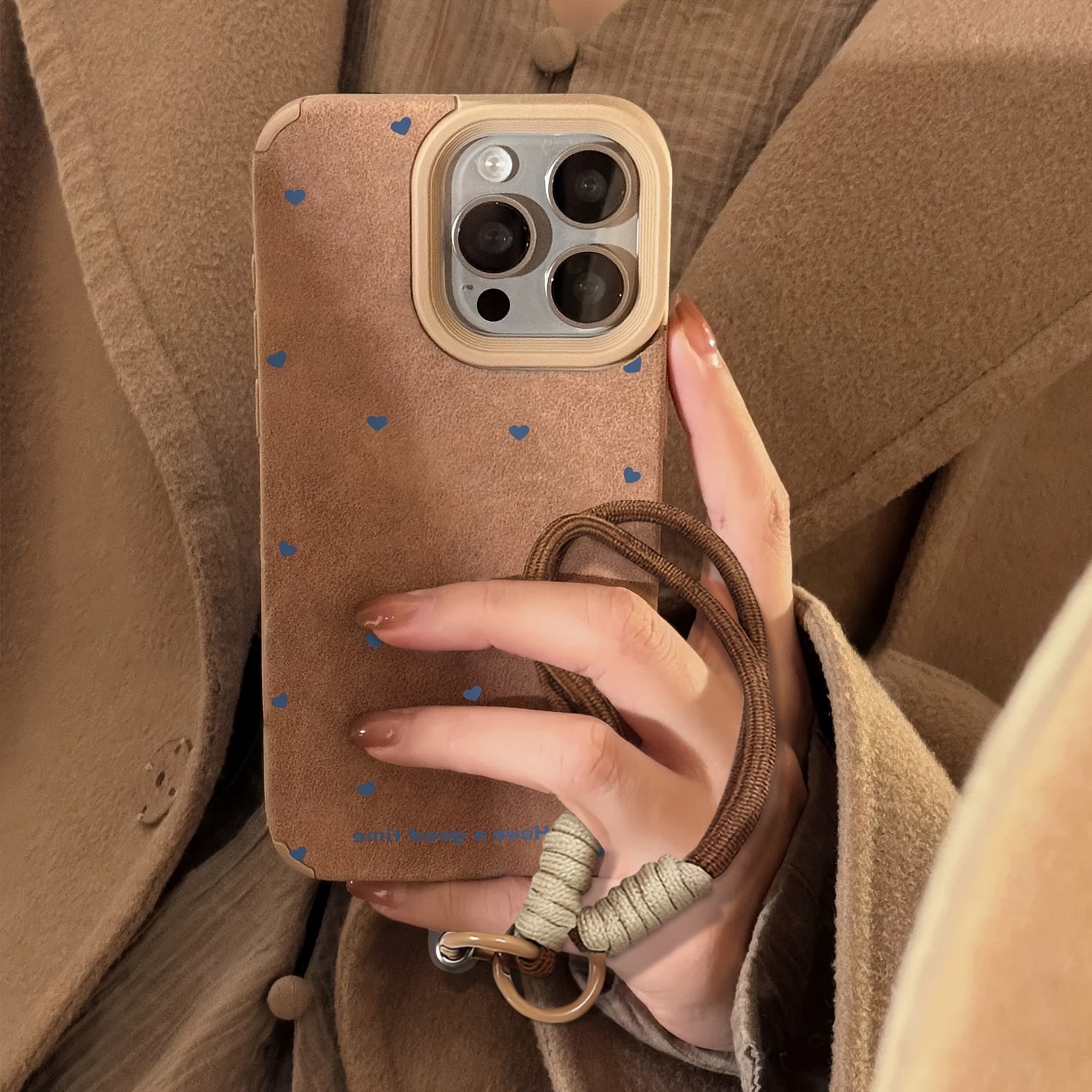TEMU Jesienno-zimowa prosta niebieska etui na telefon z małym serduszkiem i smyczą, imitacja skóry, wstrząsoodporne, odporne na zarysowania,