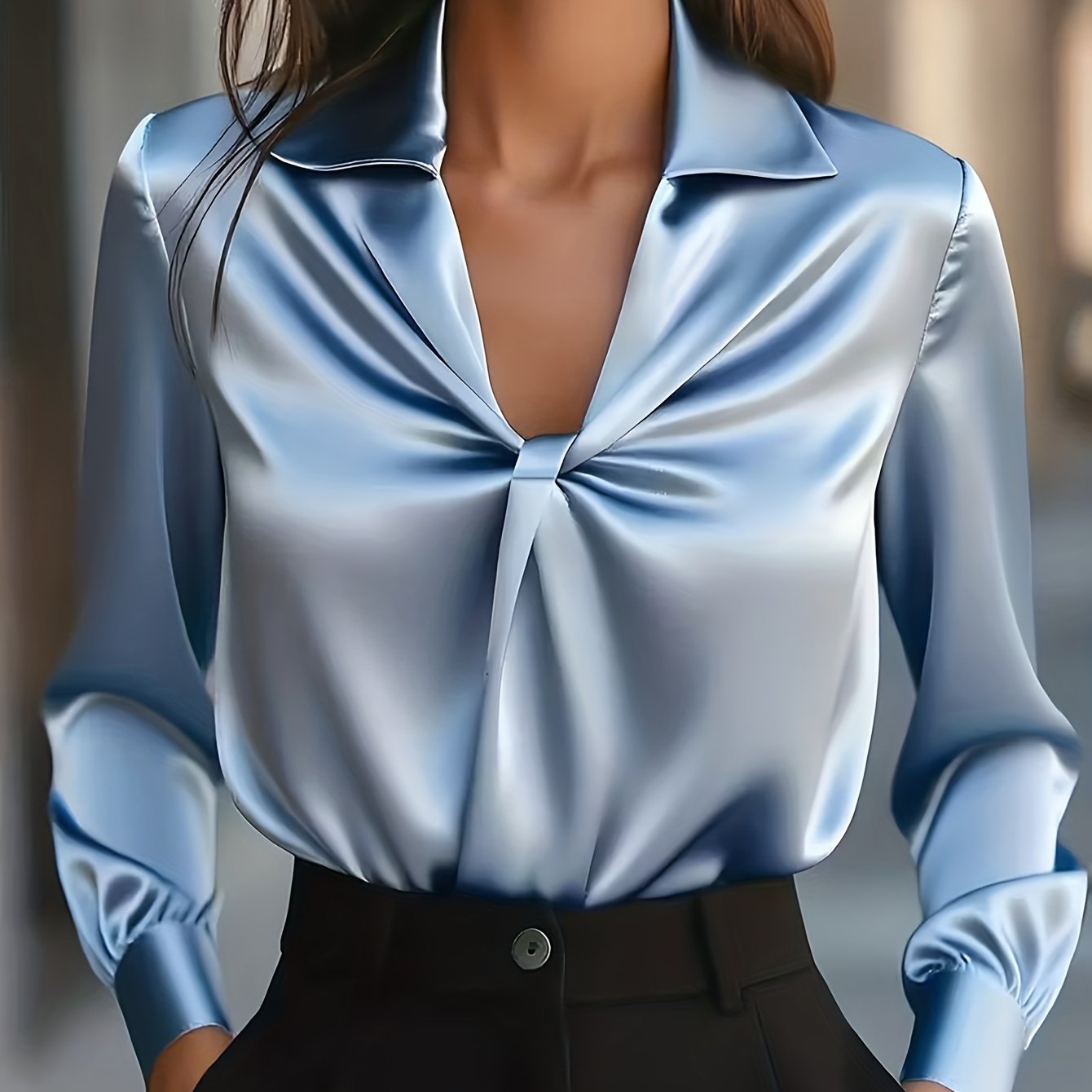 TEMU Elegancka bluzka damska z dekoltem w serek i wiązanym detalem - Koszula z długim rękawem zapinana na guziki, jednolity , idealna na co dzień,