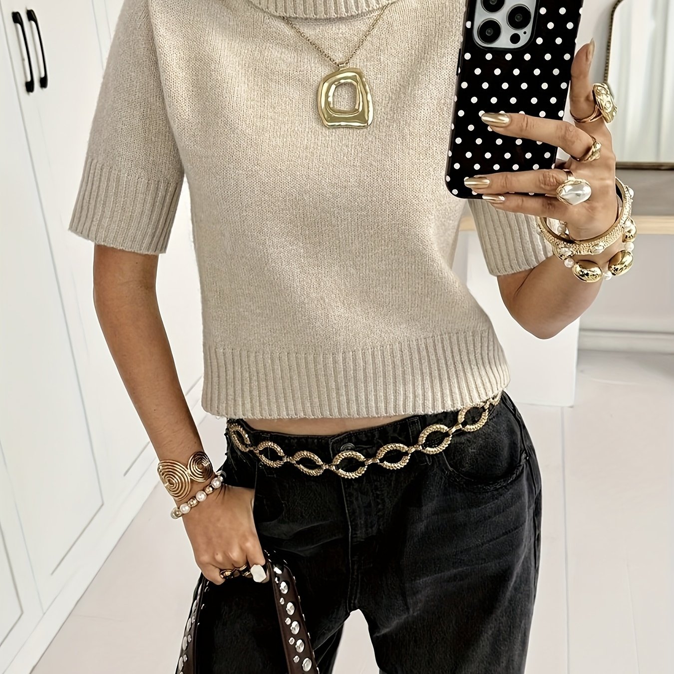 TEMU Damski Sweter z Wysokim Kołnierzem i Krótkim Rękawem – Miękka, Średnioelastyczna Tunika Zimowa, Casualowa Bluzka w Jednolitym Kolorze – Idealna