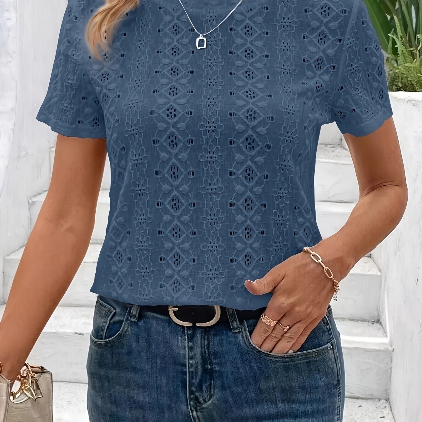 TEMU Koszulka Damska z Krótkim Rękawem na Co Dzień - Elegancki Wzór Geometryczny, Okrągły Dekolt, Jasnoróżowa, Idealna na Wiosnę//Jesień, Uniwersalna