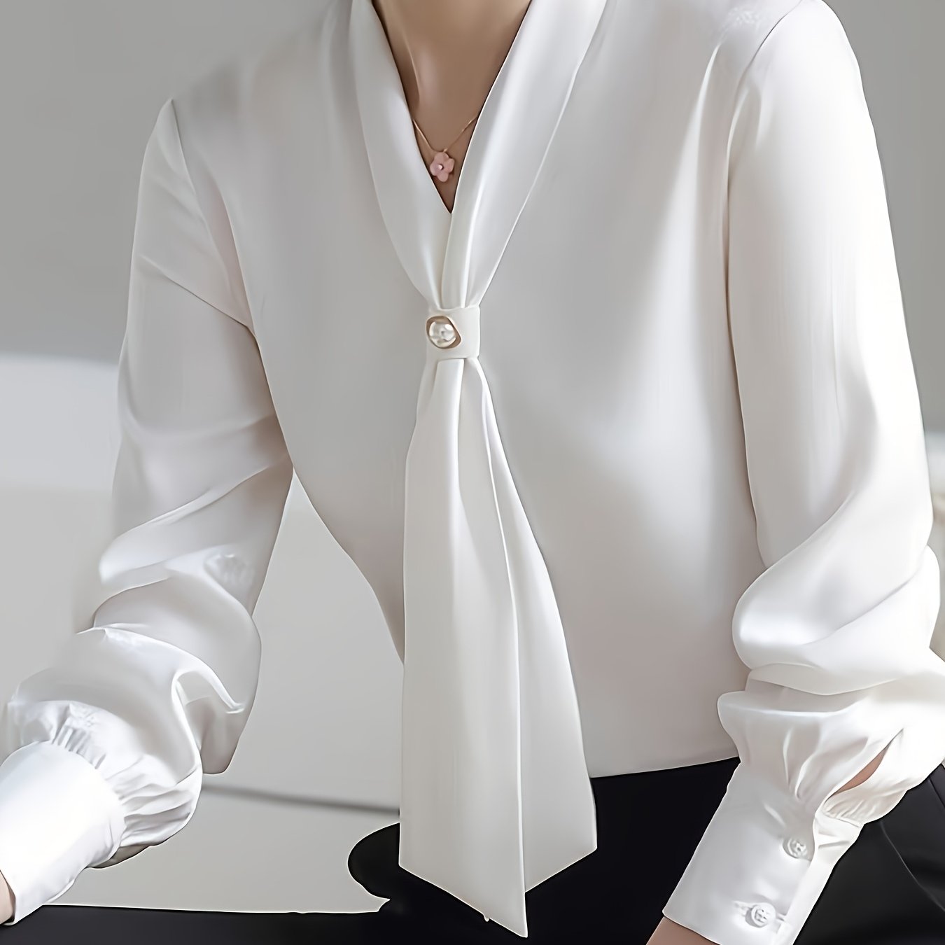 TEMU Chic BK052822 Elegancka Bluzka z Chiffonu z Dekoracją Koralików i Wiązaniem w Szyi - Długi Rękaw, Półprzeźroczysta, Pranie Maszynowe - Stylowa