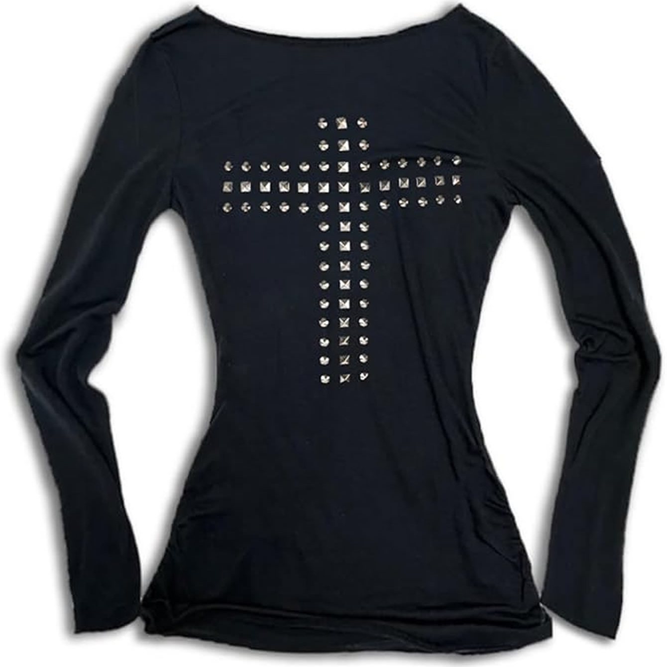 TEMU Y2K Wiosna/ Damska Moda Casual Krzyżowa Krawatka z Cyrkoniami Okrągły Dekolt Długi Rękaw T-Shirt Odzież Emo