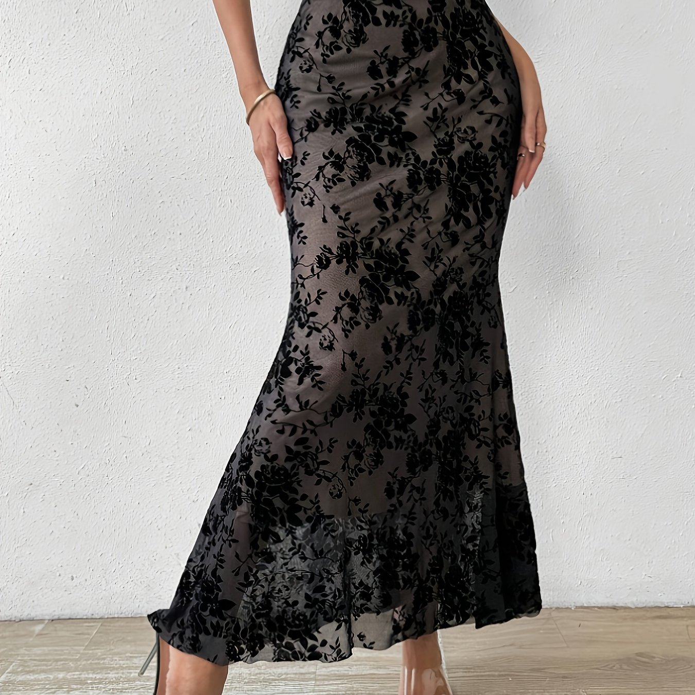 TEMU Elegancka i modna, dopasowana spódnica z wysokim stanem i kwiatową siateczką dla kobiet.