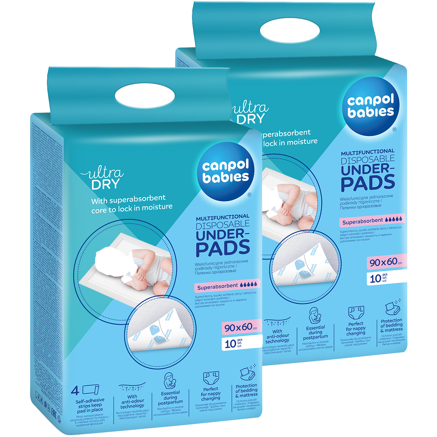 Zestaw Canpol Babies, wielofunkcyjnie podkłady higieniczne, jednorazowe, z paskami samoprzylepnymi, 90 cm x 60 cm, 2 x 10 sztuk