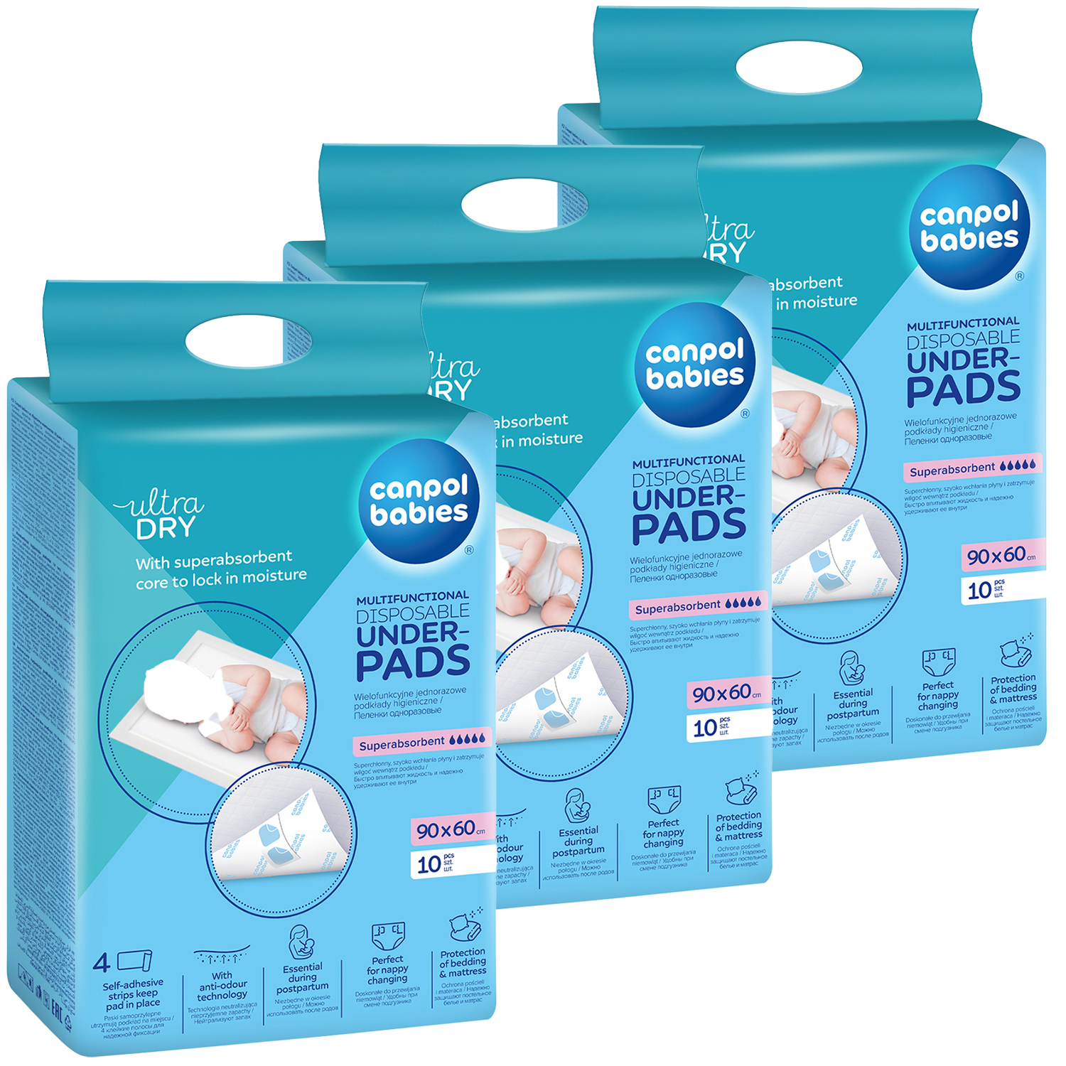 Zestaw Canpol Babies, wielofunkcyjnie podkłady higieniczne, jednorazowe, z paskami samoprzylepnymi, 90 cm x 60 cm, 3 x 10 sztuk