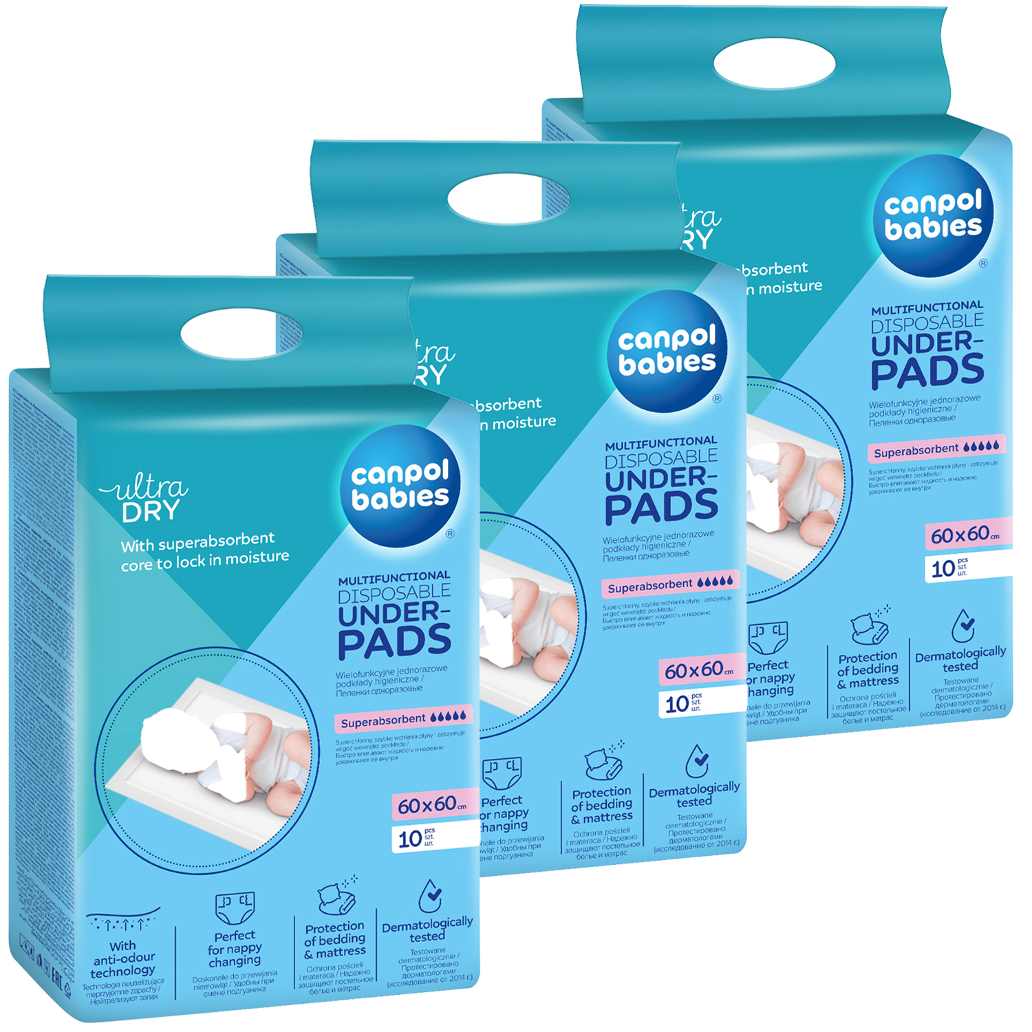 Zestaw Canpol Babies, wielofunkcyjne jednorazowe podkłady higieniczne, superchłonne, 60 cm x 60 cm, 3 x 10 sztuk