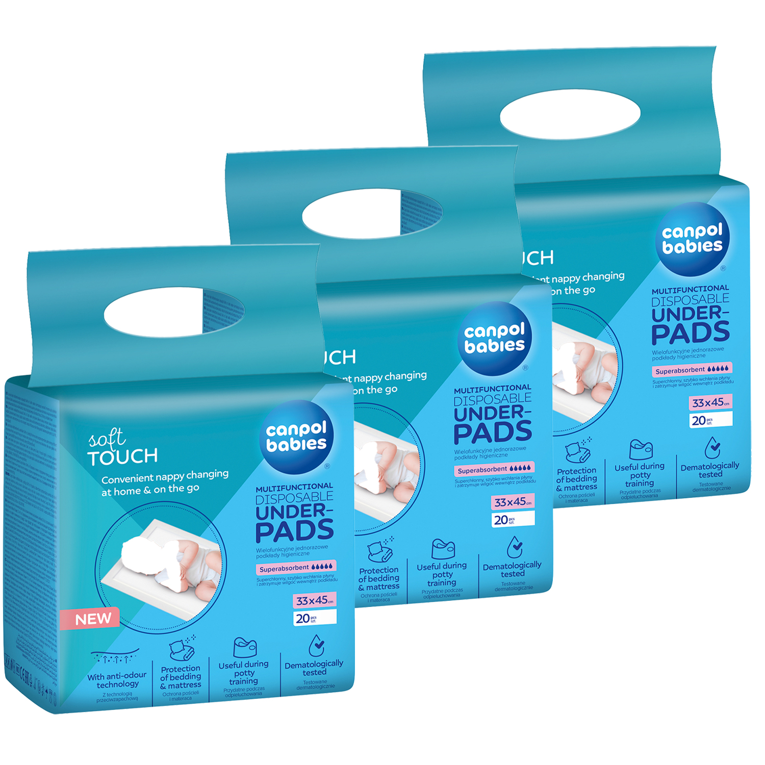 Zestaw Canpol Babies, wielofunkcyjne podkłady higieniczne, 33 cm x 45 cm, 3 x 20 sztuk