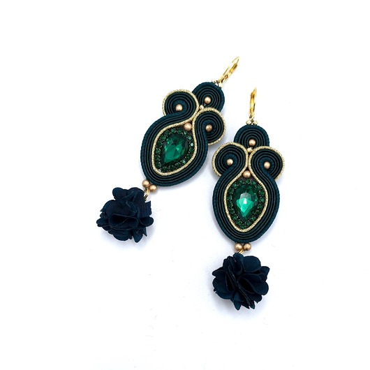 Kolczyki sutasz złoto zielone Rosalia z kryształkiem i kwiatkiem