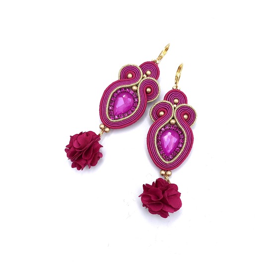 Kolczyki sutasz fuksjowe różowe Rosalia z kryształkiem i kwiatkiem