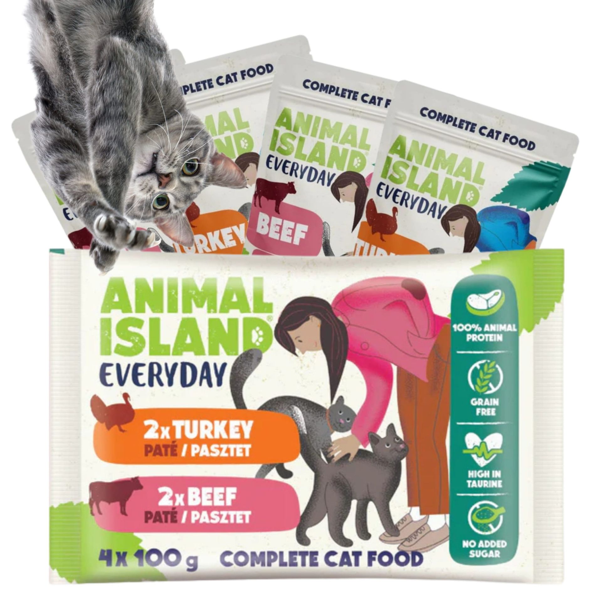 Animal Island mokra karma dla kota 4-pak – 2× wołowina i 2× indyk (pasztet), 4×100g