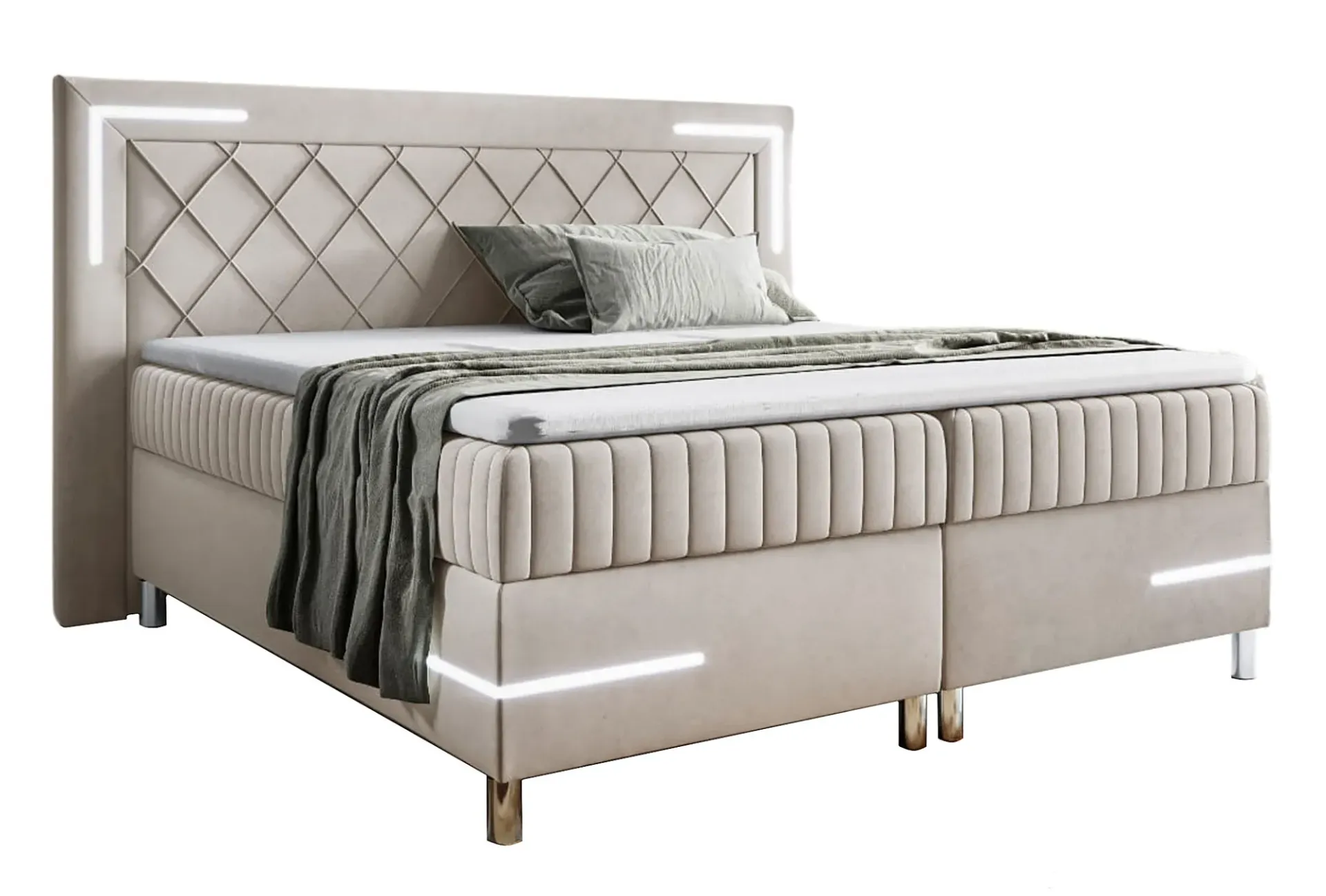 Kremowe łóżko kontynentalne z pojemnikiem i LED 5 rozmiarów M5-C97