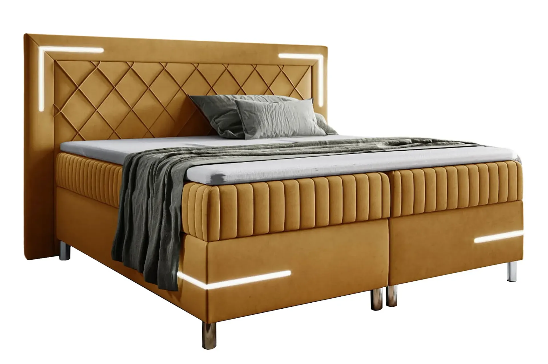 Musztardowe pikowane łóżko z LED 5 rozmiarów S4-Z72