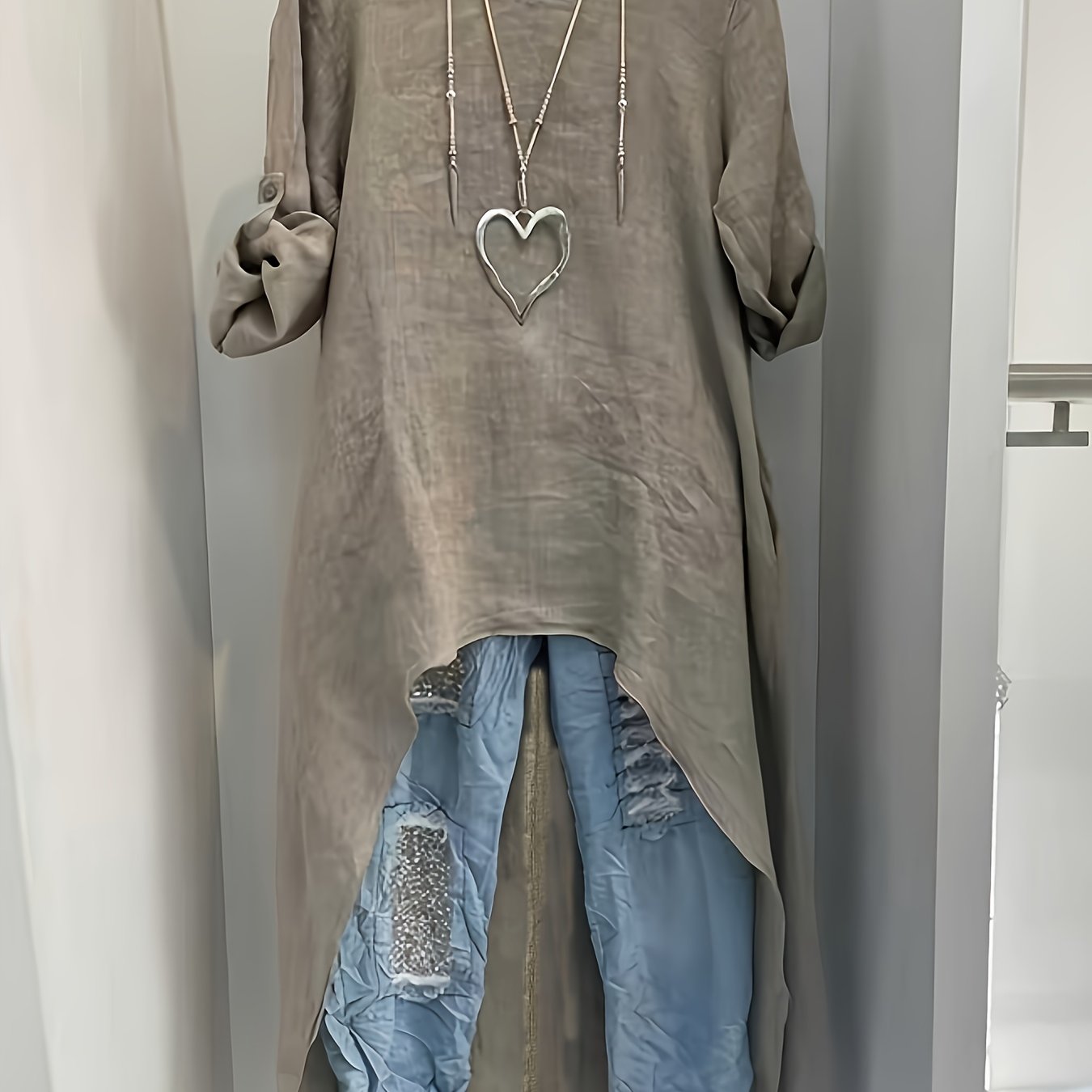 TEMU Damska lniana asymetryczna koszula Luźny okrągły dekolt, krótki przód w stylu vintage, długi tył, styl casual na wiosnę/jesień