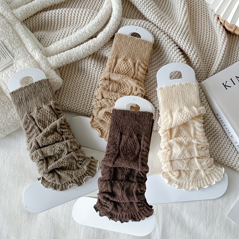 TEMU 4 pary damskich diamentowych koronkowych podkolanówek z ściągaczami, zimowe ciepłe w paski, jednokolorowe, jesienno-zimowa moda, wygodne
