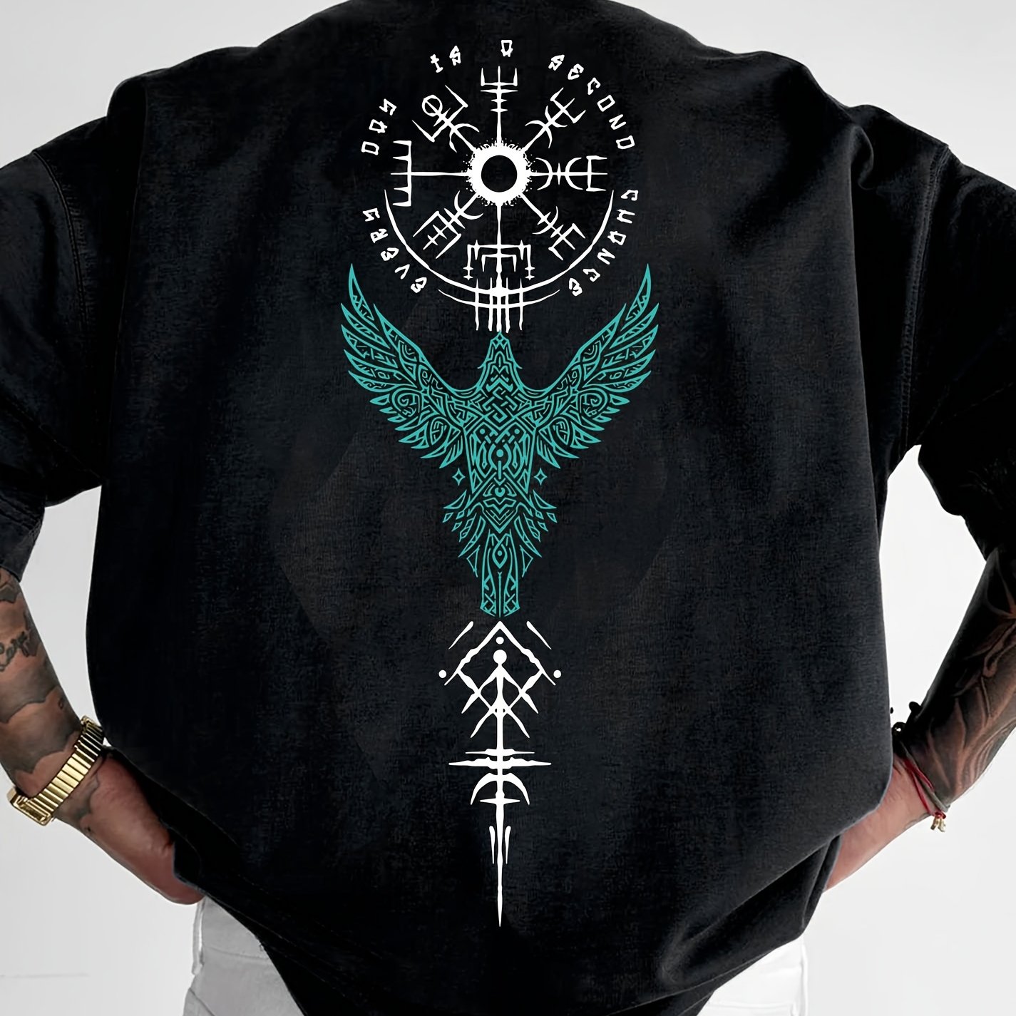 TEMU Męska Koszulka z Grafiką Streetwear - Czarna, Casualowa, Krótki Rękaw, z Orłem i Geometrycznym Wzorem, Wygodny Okrągły Dekolt, Idealna na Wiosnę