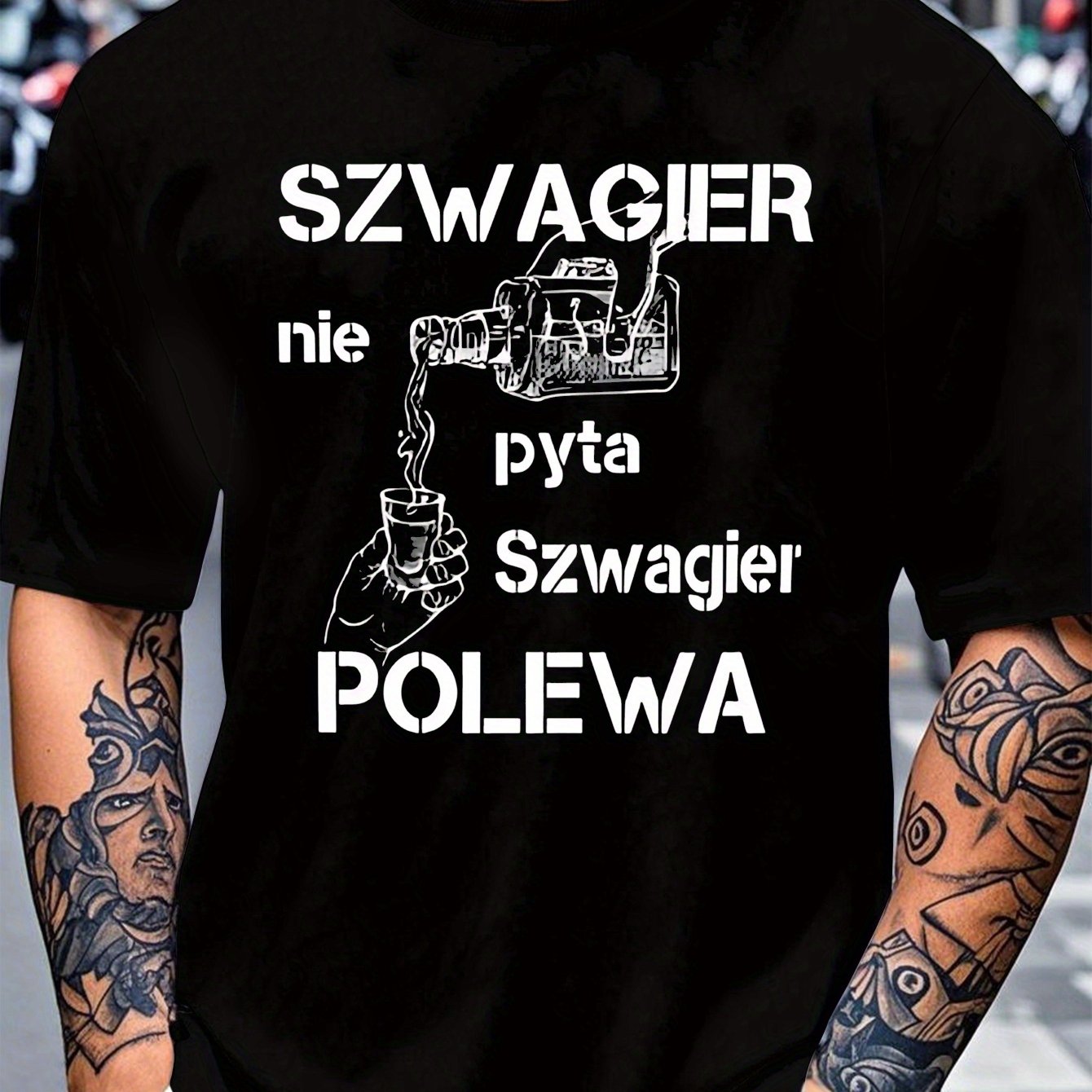 TEMU Męska koszulka z grafiką kubka kawy i cyrylicznym napisem w stylu polskim - z motywem polskiej kultury, krótki rękaw, okrągły dekolt, idealna na